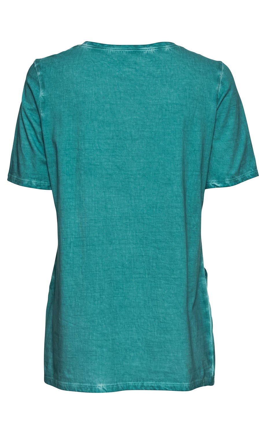 Baumwoll-Shirt in Türkis, kurzärmlig, Rückansicht, leicht strukturierter Stoff, Rundhalsausschnitt, lässiger Schnitt, unifarben, einfache Verarbeitung, leicht melierter Look