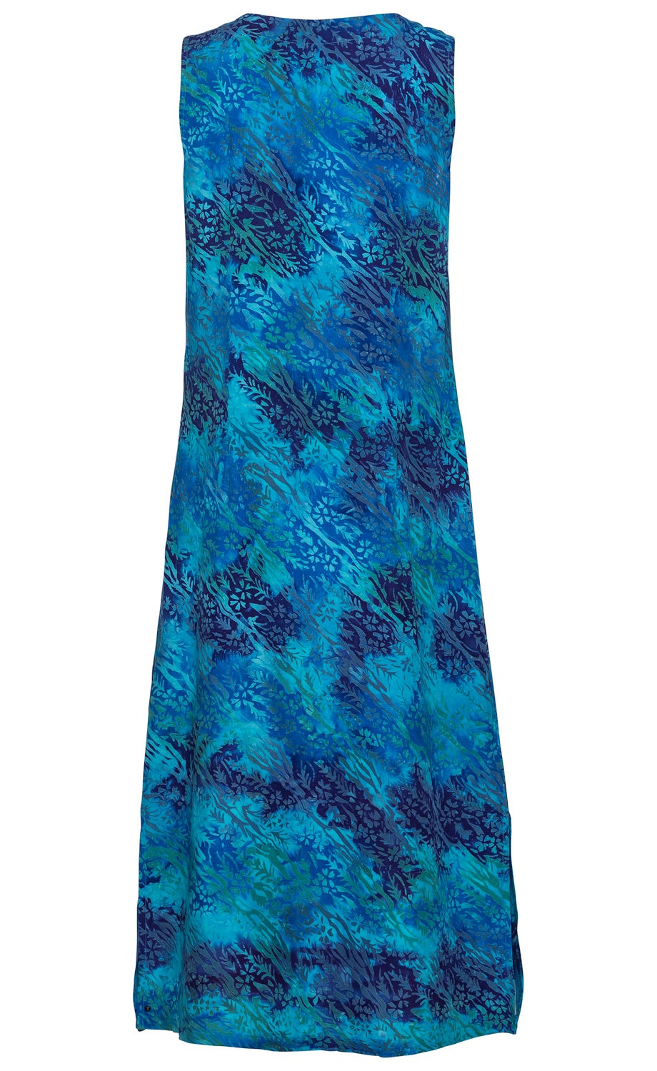 Ärmelloses langes Viskose-Kleid in Blau- und Grüntönen mit floralem und abstraktem Muster, leicht ausgestellter Schnitt, Rückansicht, weicher fließender Stoff