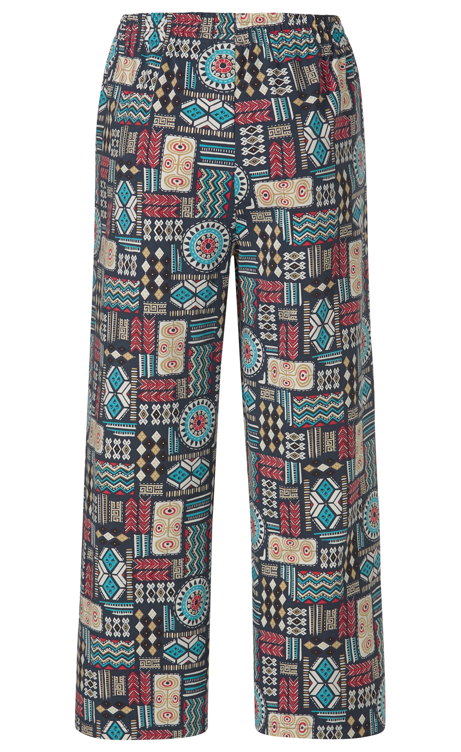 Baumwoll-Hose mit elastischem Bund, geradem Bein und buntem, geometrischem Ethno-Muster in Blau, Rot, Beige und Schwarz auf dunklem Hintergrund