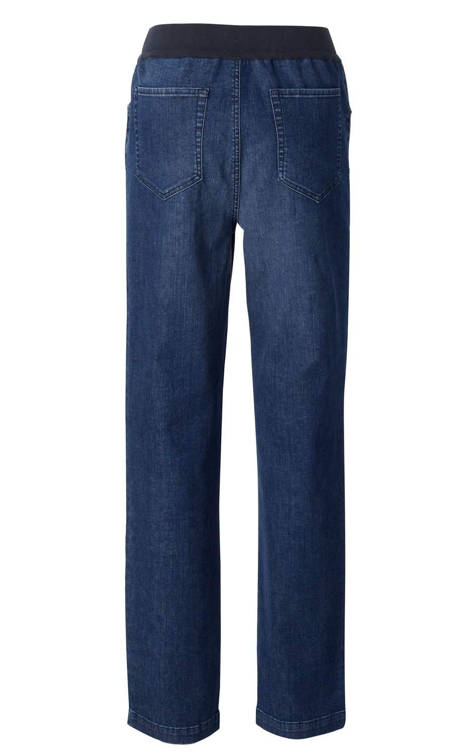 Baumwoll-Hose in dunklem Denim-Blau, Rückansicht, mit elastischem schwarzen Bund und zwei aufgesetzten Gesäßtaschen, gerade geschnittene Beine, schlichtes Design ohne sichtbare Verschlüsse oder Verzierungen.