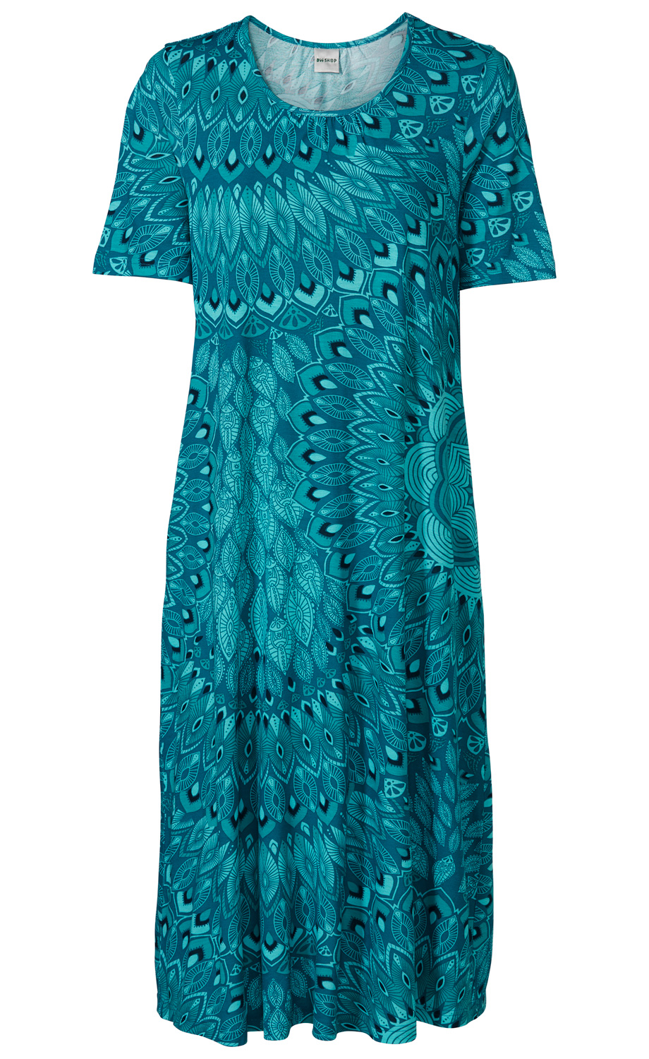 Viskose-Kleid mit kurzem Arm, Rundhalsausschnitt, türkisblauem Grund und großflächigem Mandala-Blätter-Muster in verschiedenen Blautönen, knielang, leger geschnitten, leicht ausgestellt