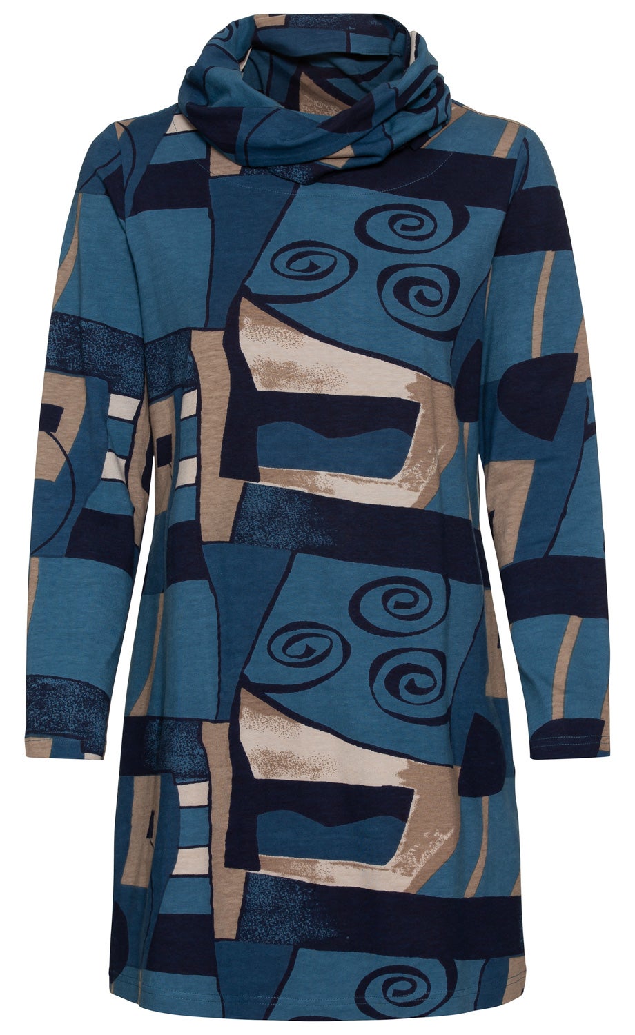 Baumwoll-Mix-Shirt mit langem Arm, blau-beige abstraktes Muster, hoher Kragen, locker geschnitten, geometrische Formen und Spiraldetails, lässiger Stil
