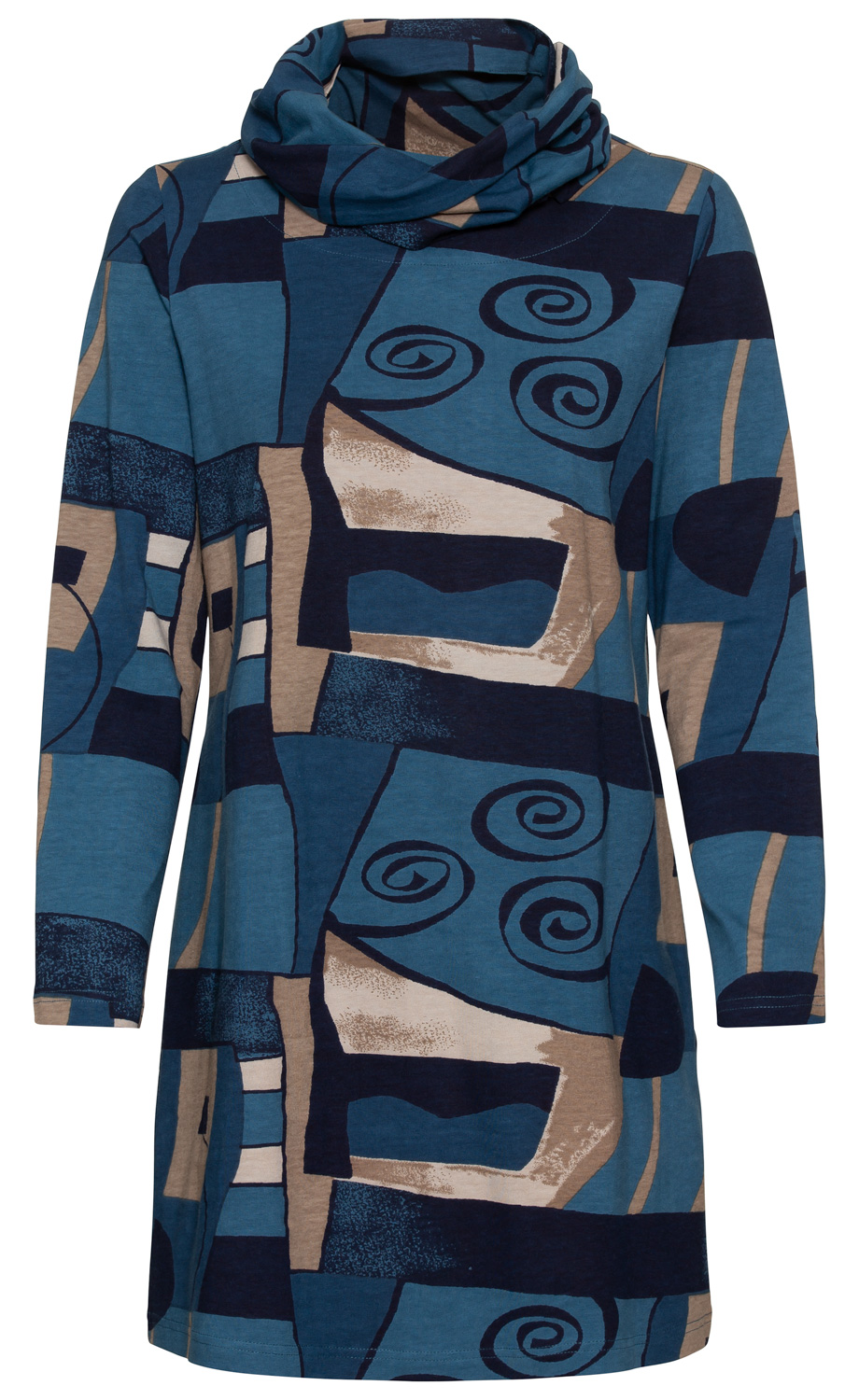 Baumwoll-Mix-Shirt mit langem Arm, blau-beige abstraktes Muster, hoher Kragen, locker geschnitten, geometrische Formen und Spiraldetails, lässiger Stil