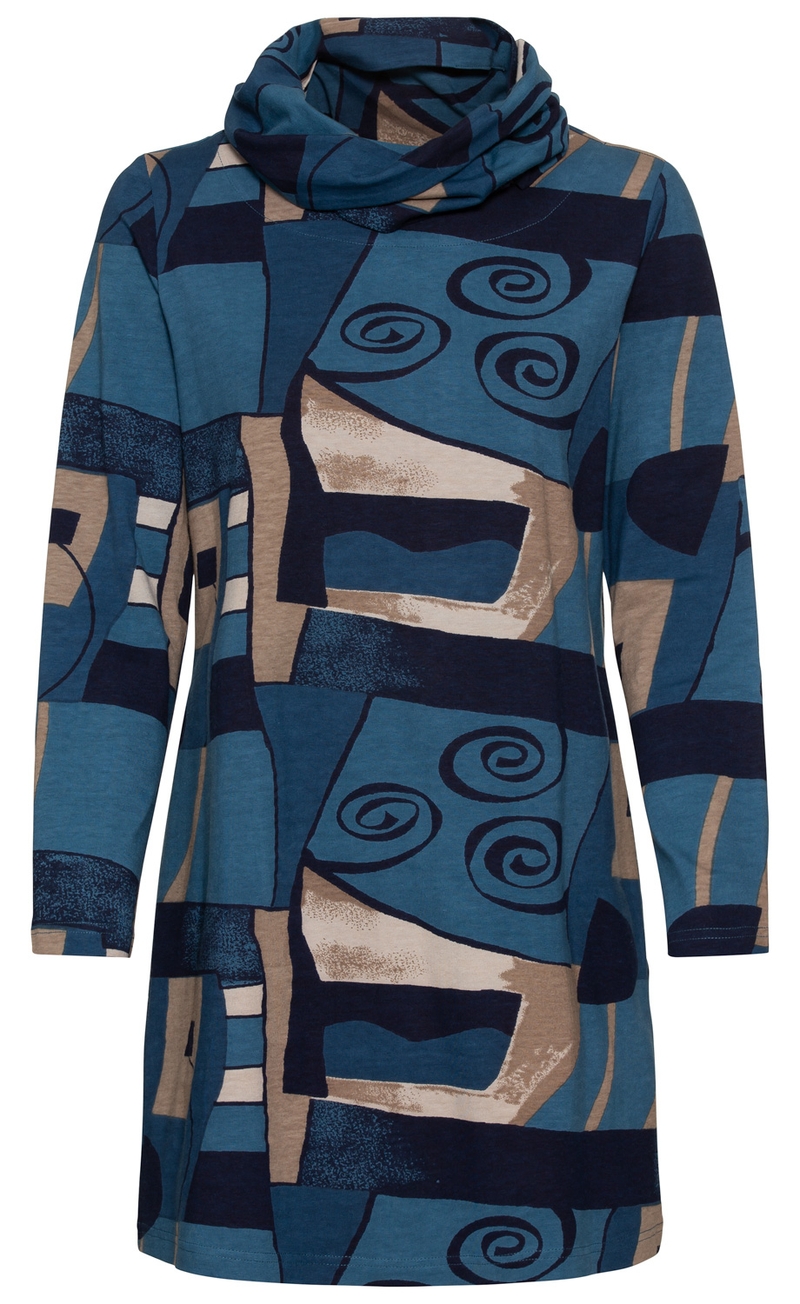 Baumwoll-Mix-Shirt mit langem Arm, blau-beige abstraktes Muster, hoher Kragen, locker geschnitten, geometrische Formen und Spiraldetails, lässiger Stil
