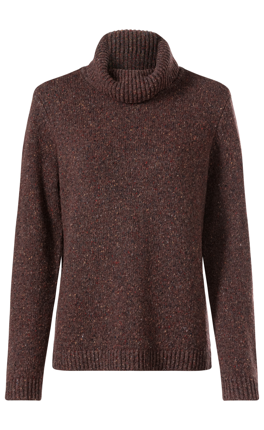 dunkelbrauner Woll-Mix-Pullover mit Rollkragen, feiner melierter Struktur, langen Ärmeln und gerippten Bündchen an Ärmelenden und Saum, gerade geschnitten