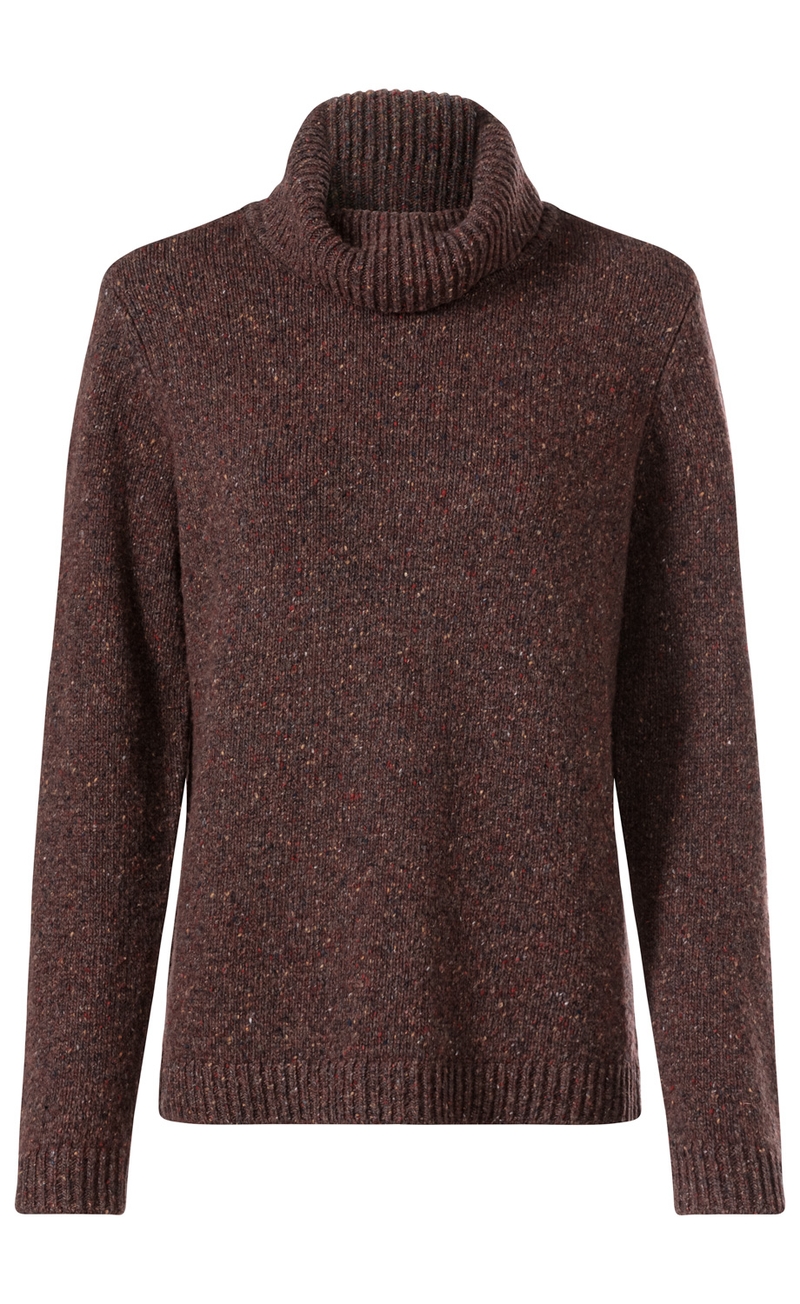 dunkelbrauner Woll-Mix-Pullover mit Rollkragen, feiner melierter Struktur, langen Ärmeln und gerippten Bündchen an Ärmelenden und Saum, gerade geschnitten