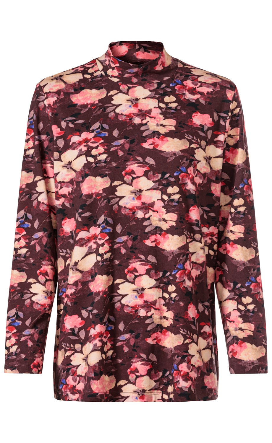 Baumwoll-Shirt mit langem Arm und Stehkragen, dunkelrot mit floralem Muster in Rosa, Rot, Beige und Blau, lockere Passform, weich und komfortabel, für Damen