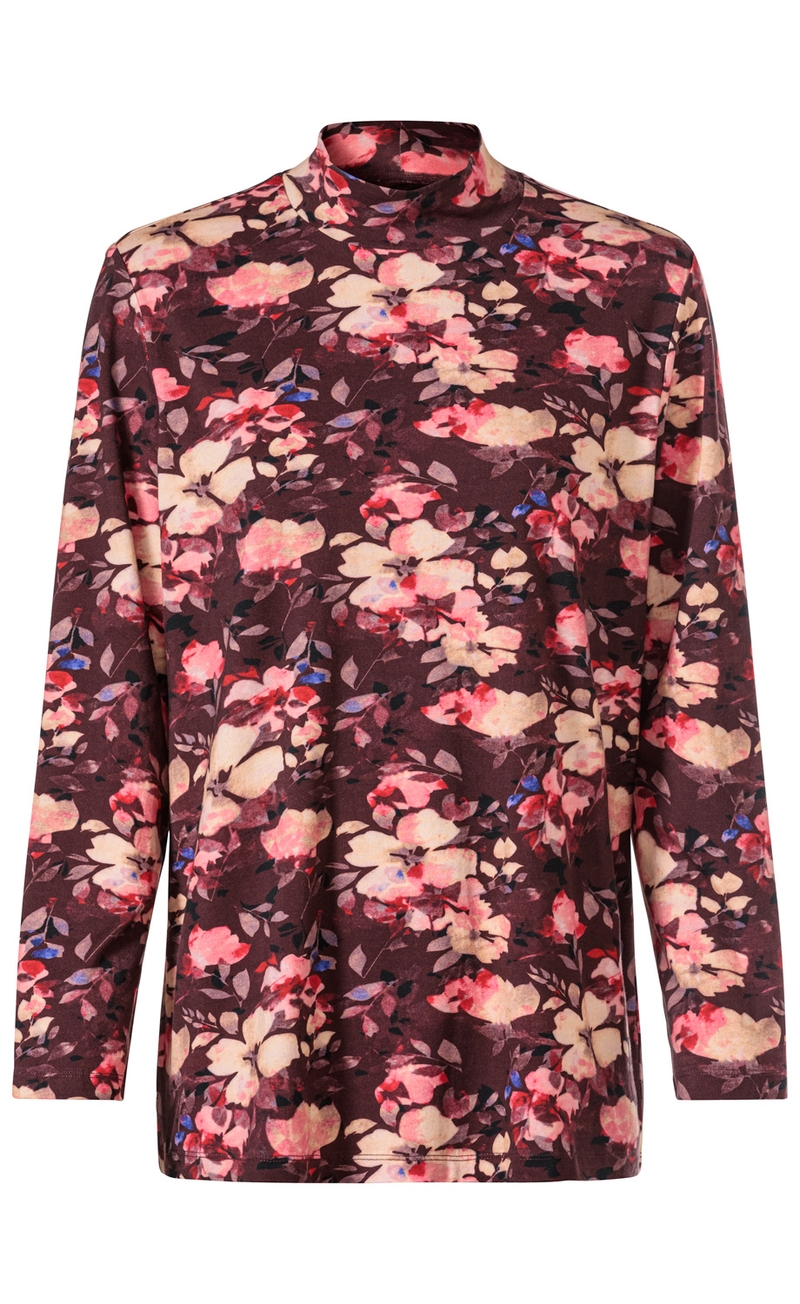 Baumwoll-Shirt mit langem Arm und Stehkragen, dunkelrot mit floralem Muster in Rosa, Rot, Beige und Blau, lockere Passform, weich und komfortabel, für Damen
