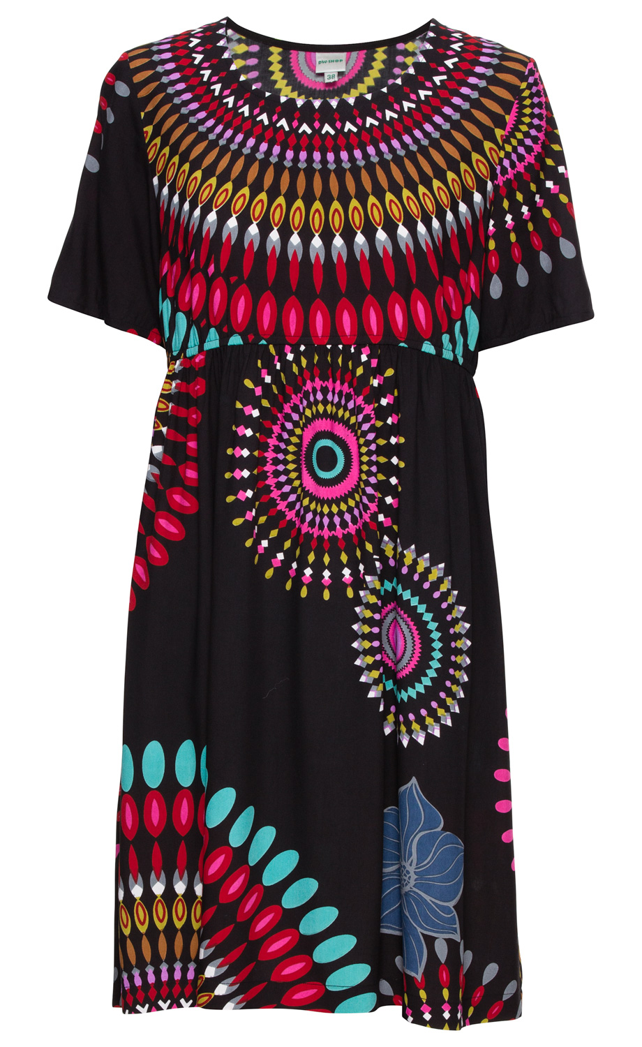 Schwarz-rotes Viskose-Kleid mit kurzen Ärmeln, Rundhalsausschnitt, buntem Muster aus geometrischen und floralen Formen in Pink, Blau, Gelb und Braun, knielang, locker fallend