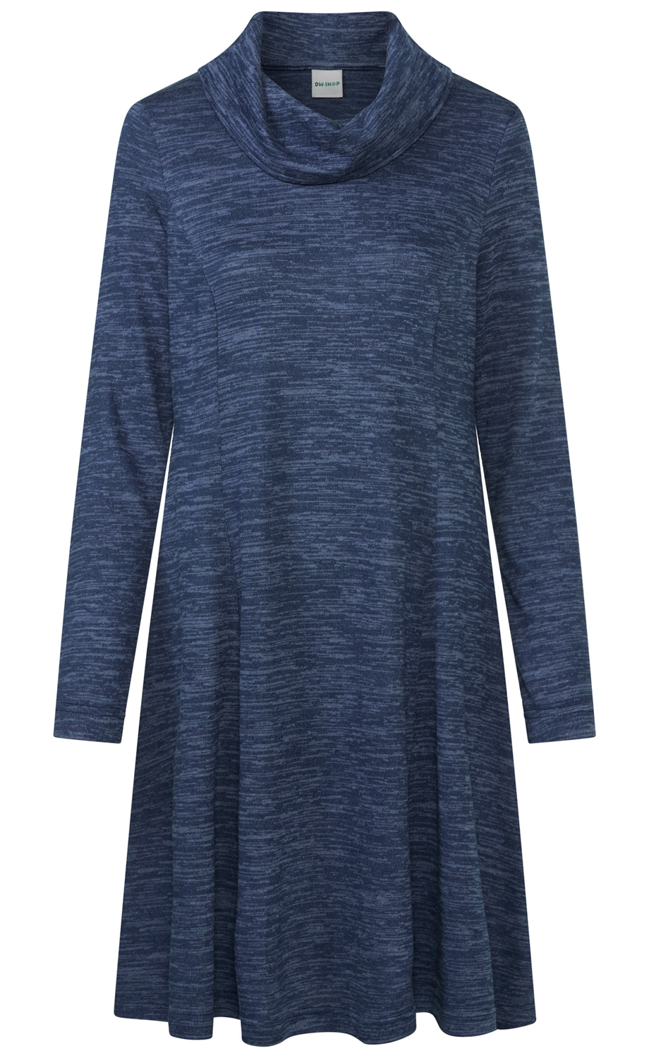 Dunkelblau meliertes Damenkleid mit langem Arm und weitem, locker fallendem Rollkragen aus weichem Strickstoff