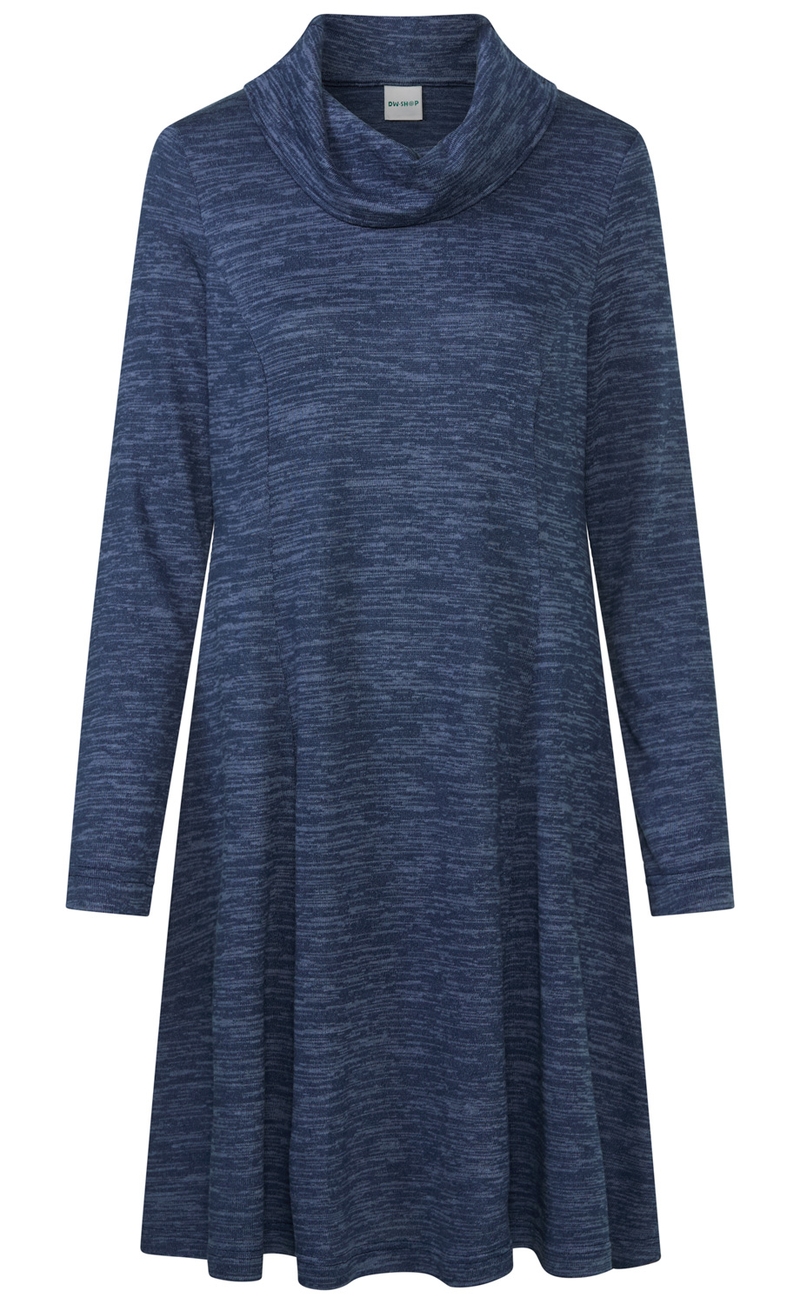Dunkelblau meliertes Damenkleid mit langem Arm und weitem, locker fallendem Rollkragen aus weichem Strickstoff