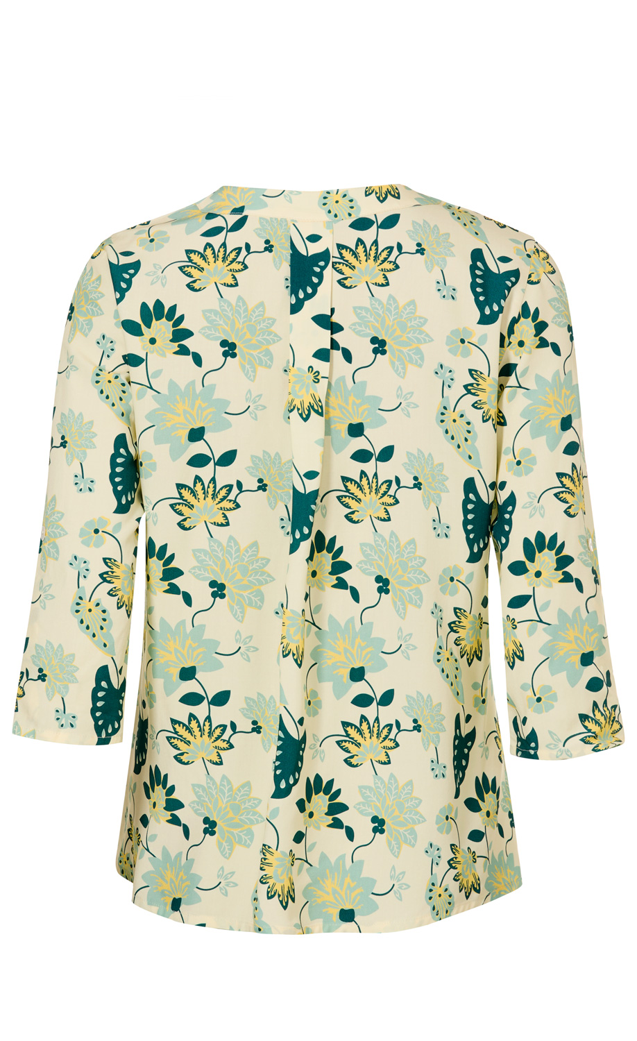 Rückansicht einer Viskose-Bluse mit dreiviertel Ärmeln, beige Grundfarbe, florales Muster in Hellblau, Gelb und Dunkelgrün, mittige Rückenfalte, locker geschnitten.