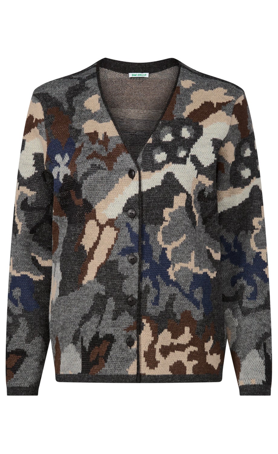 Strickjacke mit V-Ausschnitt und Knopfleiste, gemustert in grauen, braunen, blauen und beigen Farbtönen, langärmlig, locker geschnitten, aus weichem Material, modernes Camouflage-Design