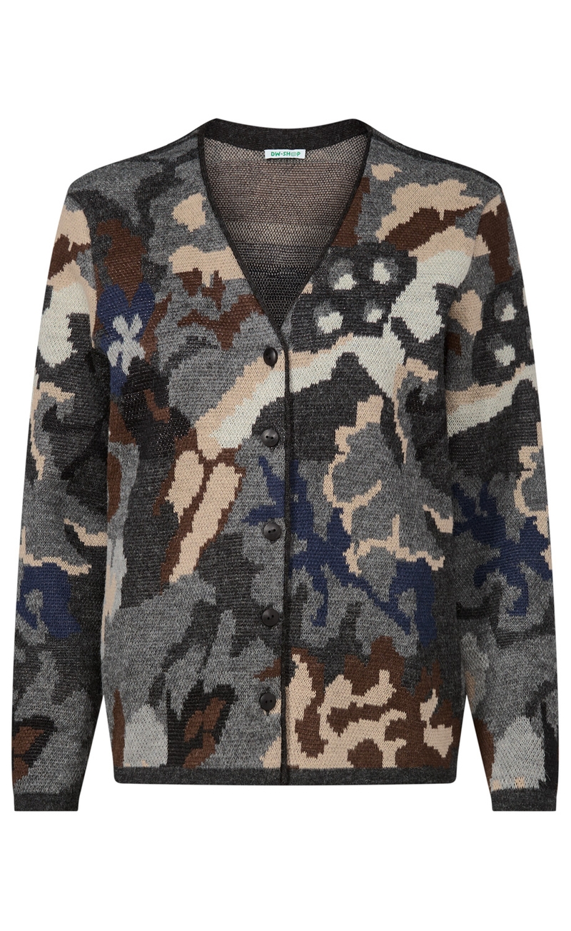 Strickjacke mit V-Ausschnitt und Knopfleiste, gemustert in grauen, braunen, blauen und beigen Farbtönen, langärmlig, locker geschnitten, aus weichem Material, modernes Camouflage-Design