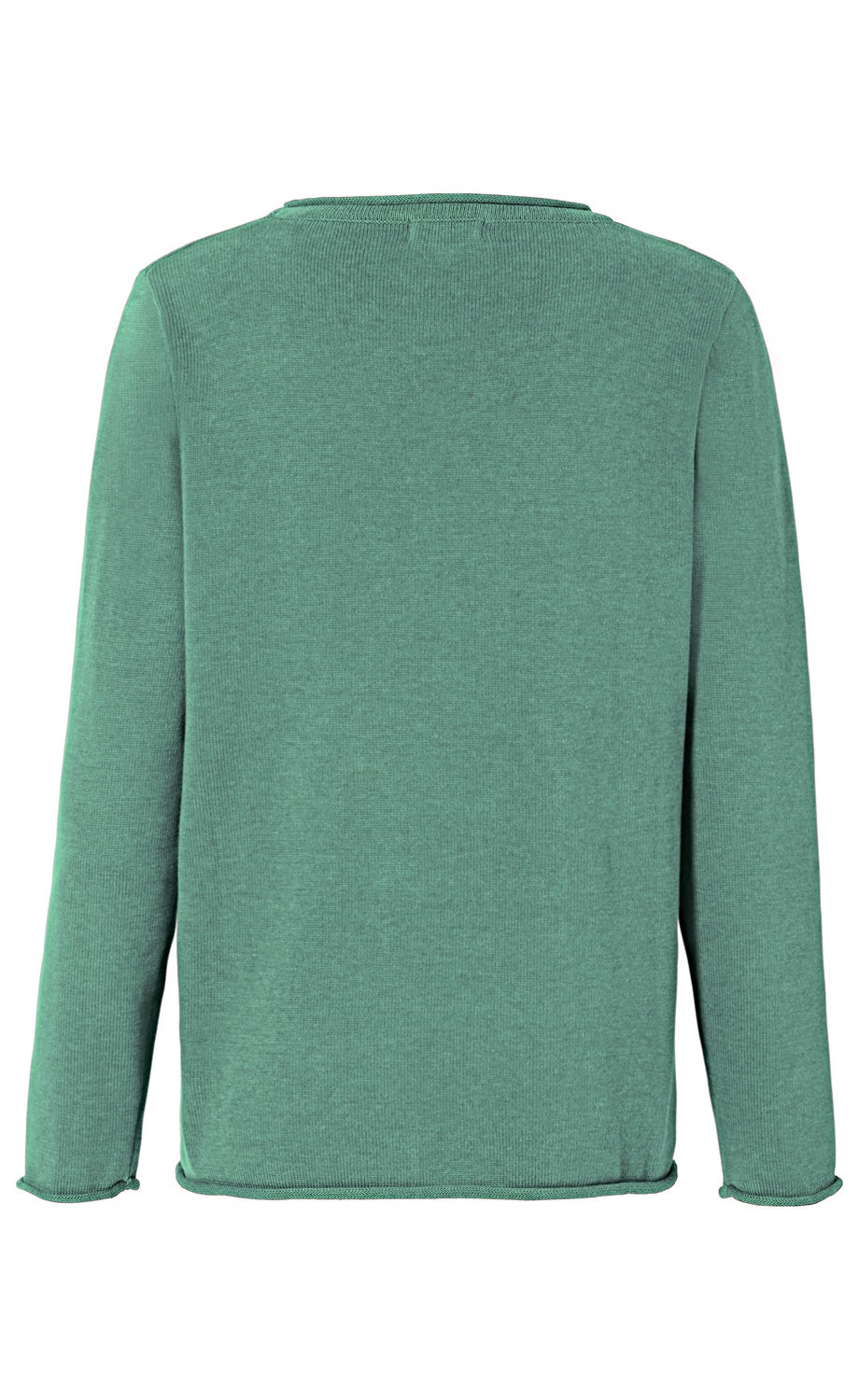 Baumwoll-Pullover in Grün, Rückansicht, langärmlig, schmaler Rundhalsausschnitt, feiner Strick, leicht gerollter Saum an Ärmeln und Bund, unifarben, sportlich-eleganter Stil