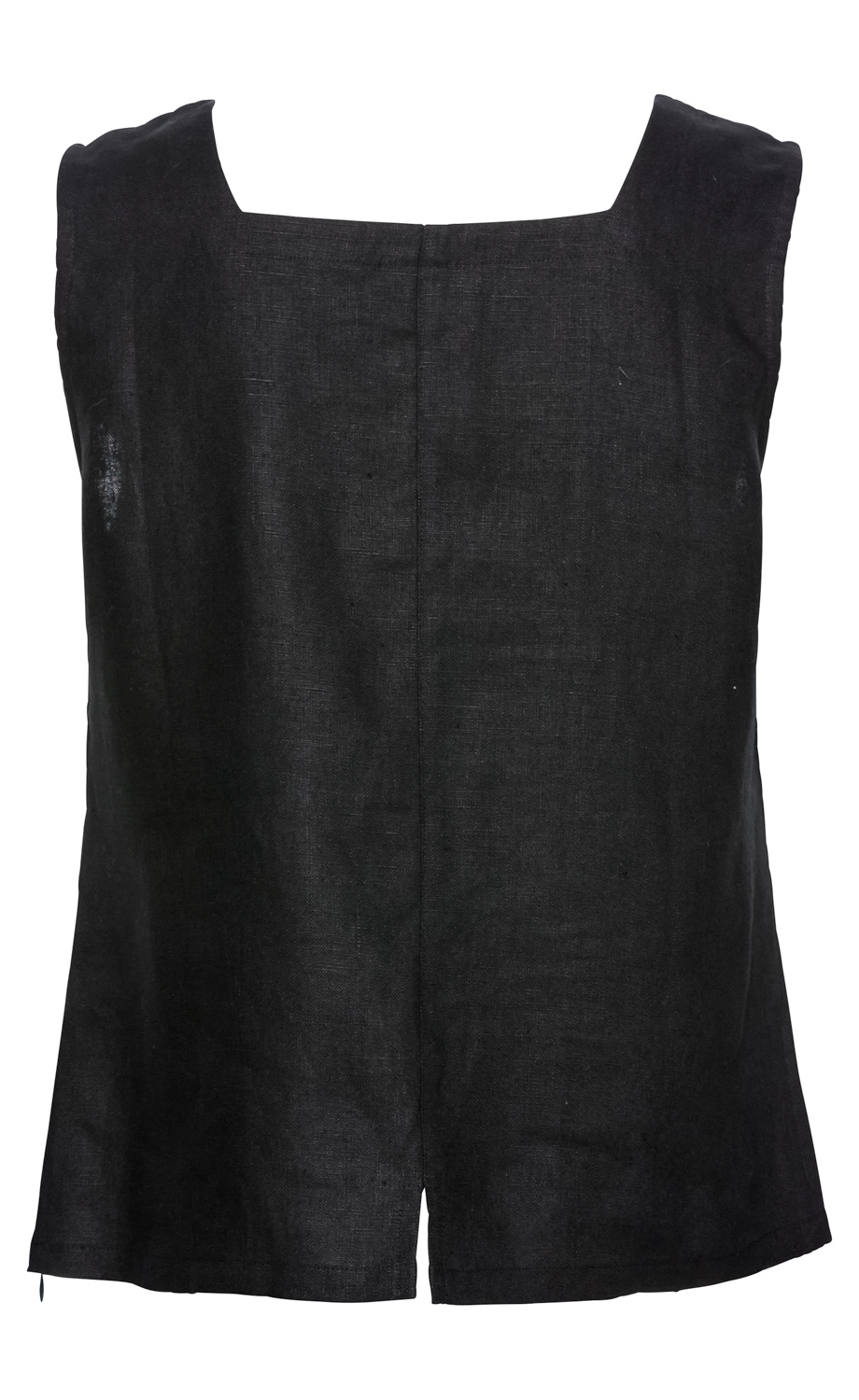 Schwarzes, ärmelloses Leinen-Top mit quadratischem Ausschnitt, gerade geschnitten, mit Naht in der Mitte und kleiner Öffnung am Saum hinten, schlichtes Design, leichter Stoff mit grober Struktur