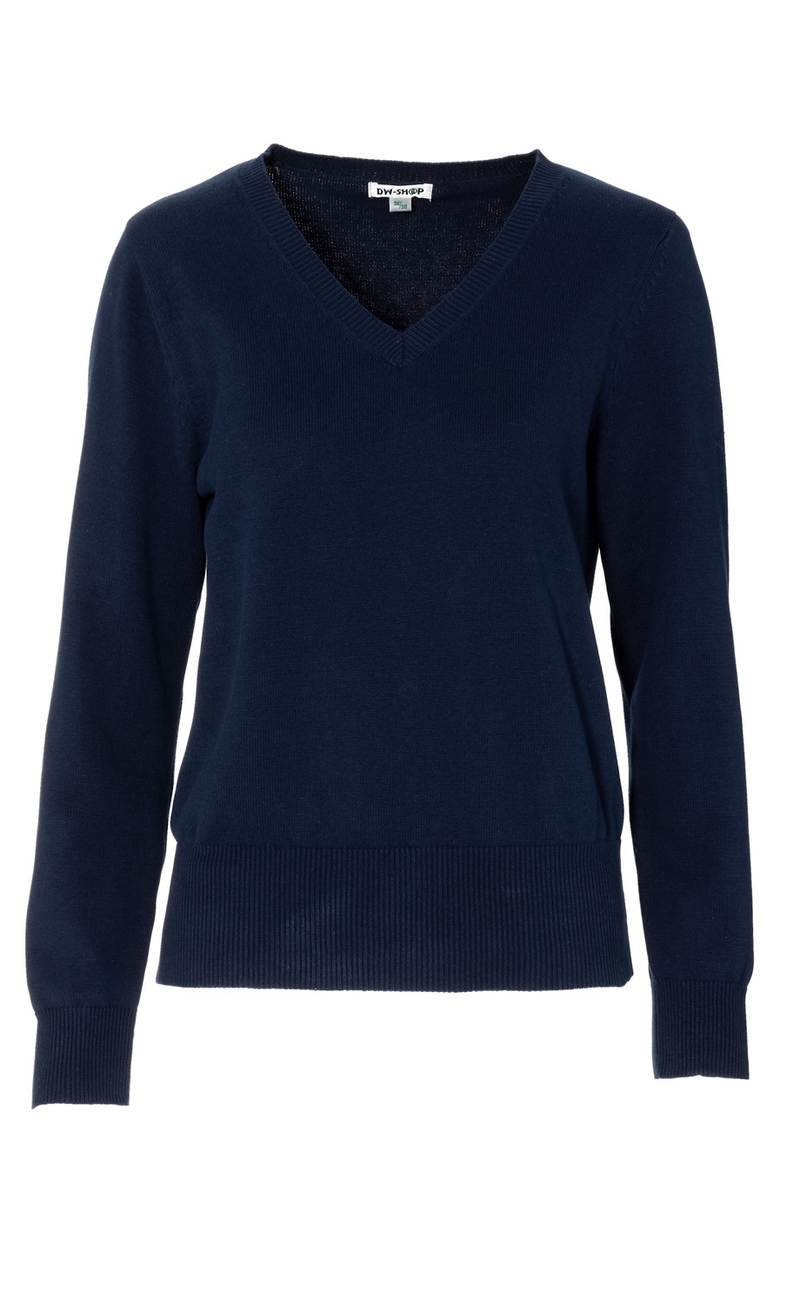 dunkelblauer Baumwoll-Pullover mit V-Ausschnitt, langen Ärmeln und gerippten Bündchen an Ärmeln und Saum, schlichtes Design