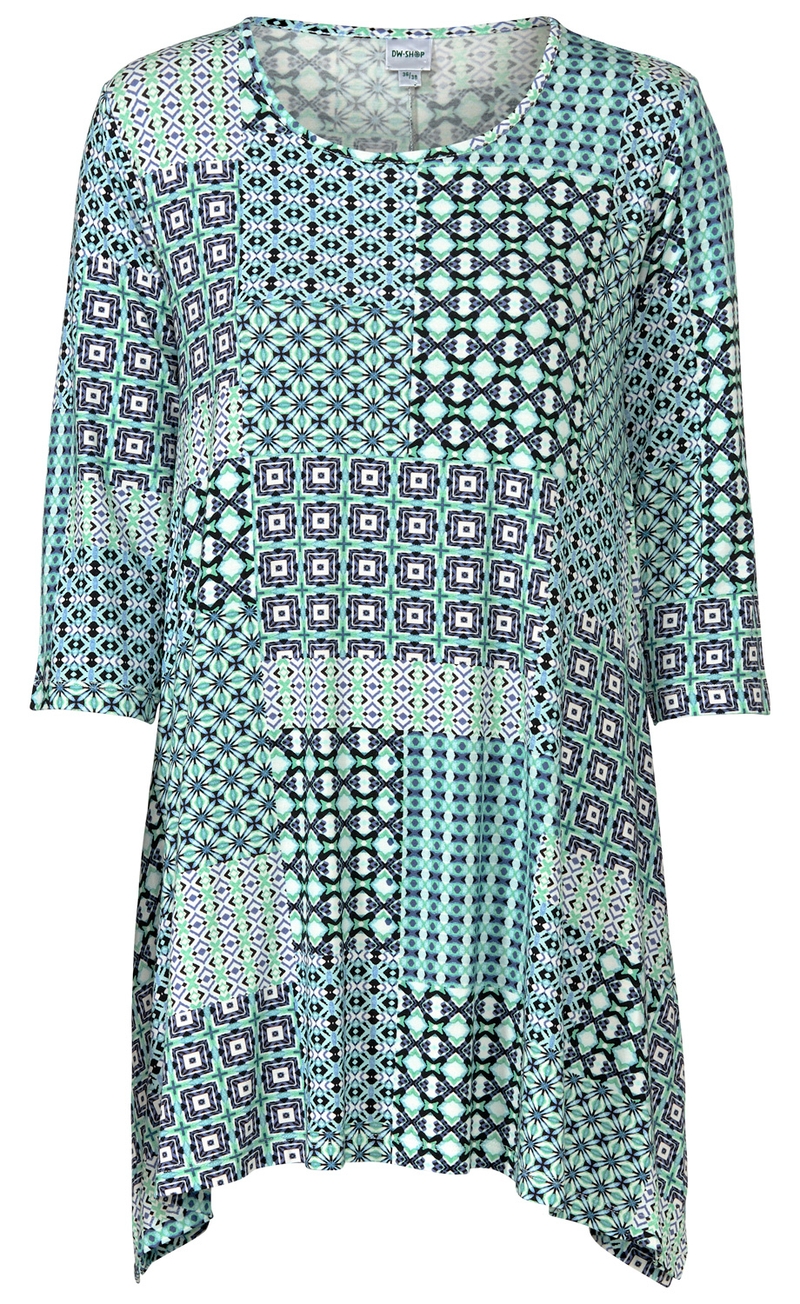 Viskose-Mix-Shirt mit 3/4-Ärmeln, asymmetrischem Saum, Rundhalsausschnitt und Patchwork-Muster in Blau-, Türkis-, Weiß- und Schwarztönen