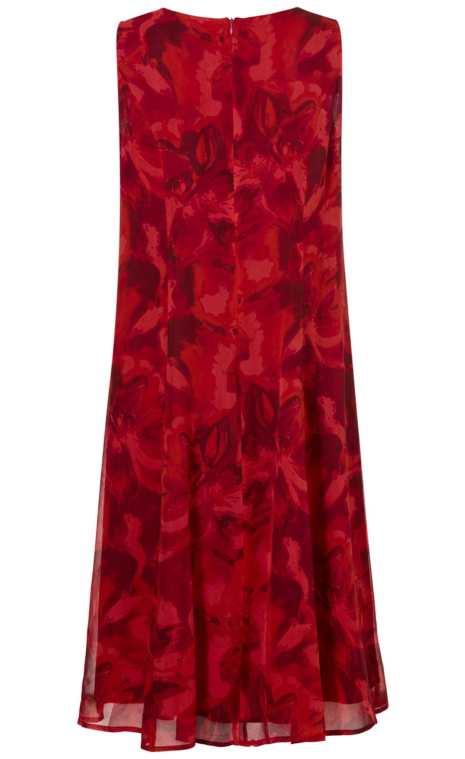 Rotes Viskose-Kleid mit floralem Muster, ärmellos, langer A-Linien-Schnitt, durchscheinender Stoff, verdeckter Rückenreißverschluss, leichte Falten am Saum