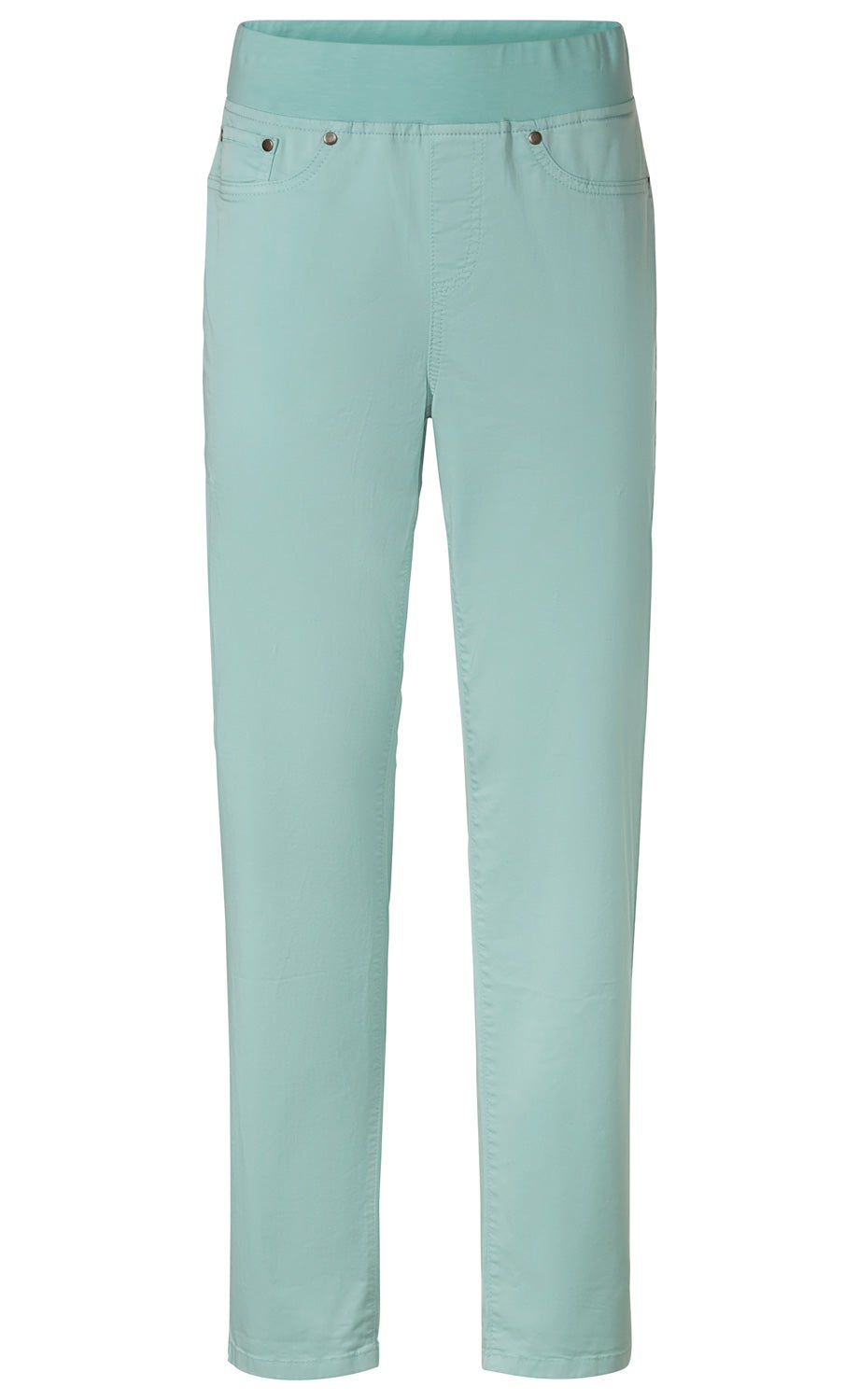 Baumwoll-Mix-Hose in Hellmintgrün, schmal geschnitten, elastischer Bund, zwei vordere Taschen mit Metallnieten, leicht strukturierter Stoff, knöchellange Damenhose