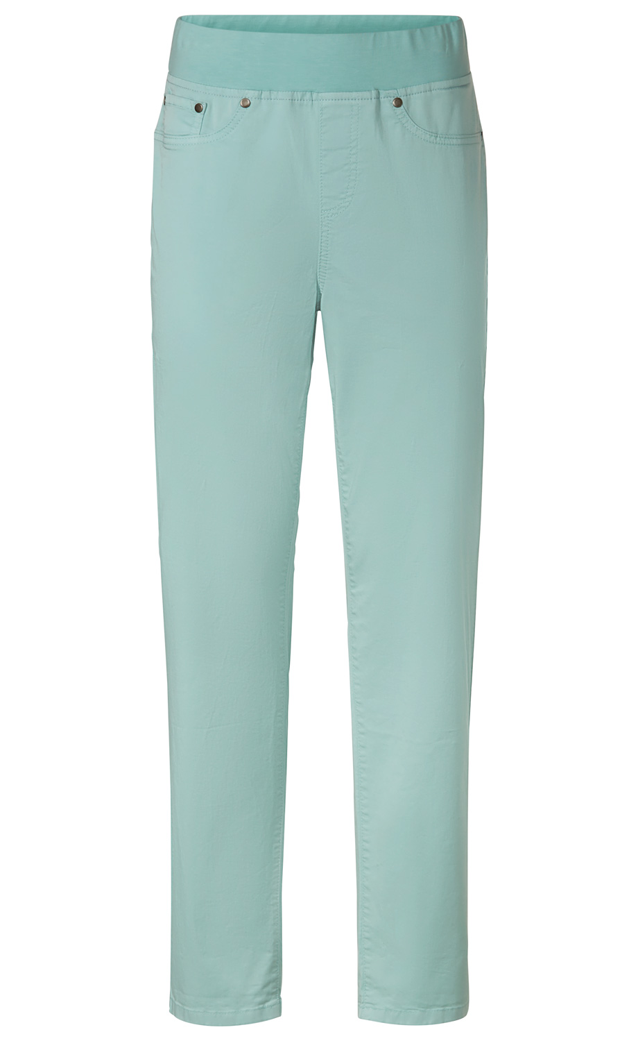 Baumwoll-Mix-Hose in Hellmintgrün, schmal geschnitten, elastischer Bund, zwei vordere Taschen mit Metallnieten, leicht strukturierter Stoff, knöchellange Damenhose