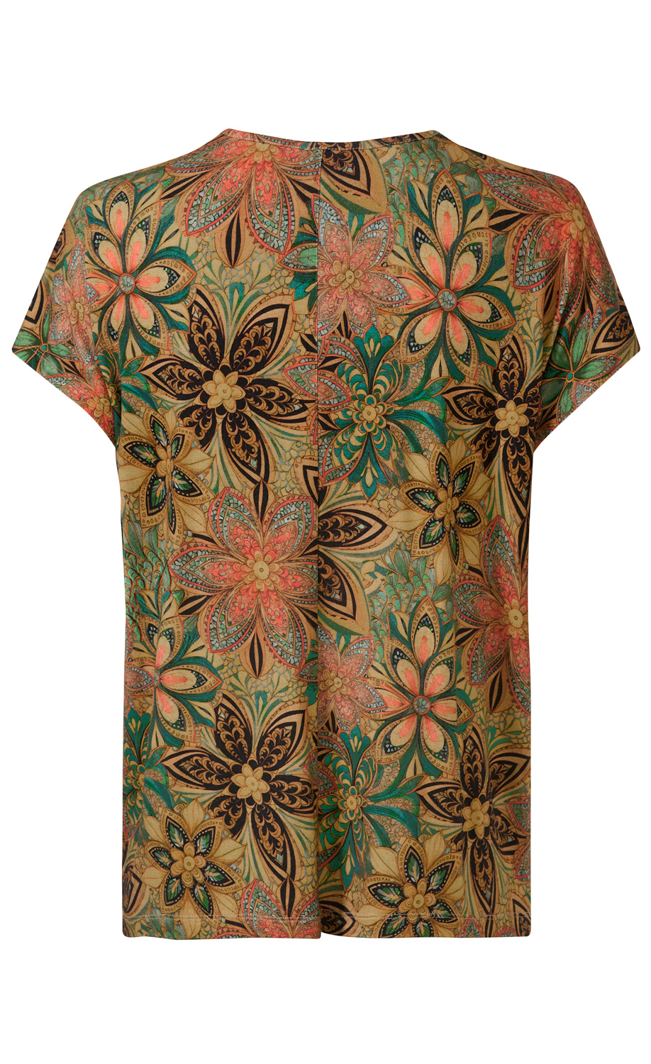 Viskose-Mix-Shirt Rückansicht mit kurzem Arm, beige Grundfarbe und großflächigem floralen Muster in Grün, Koralle, Schwarz und Braun.