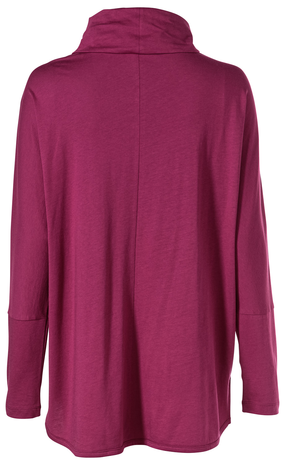 Baumwoll-Mix-Shirt in Dunkellila, Rückansicht, langärmlig, locker geschnitten, hoher Kragen, mittige Rückennaht, dehnbares, weiches Material, schlichtes Design ohne Muster oder Aufdruck