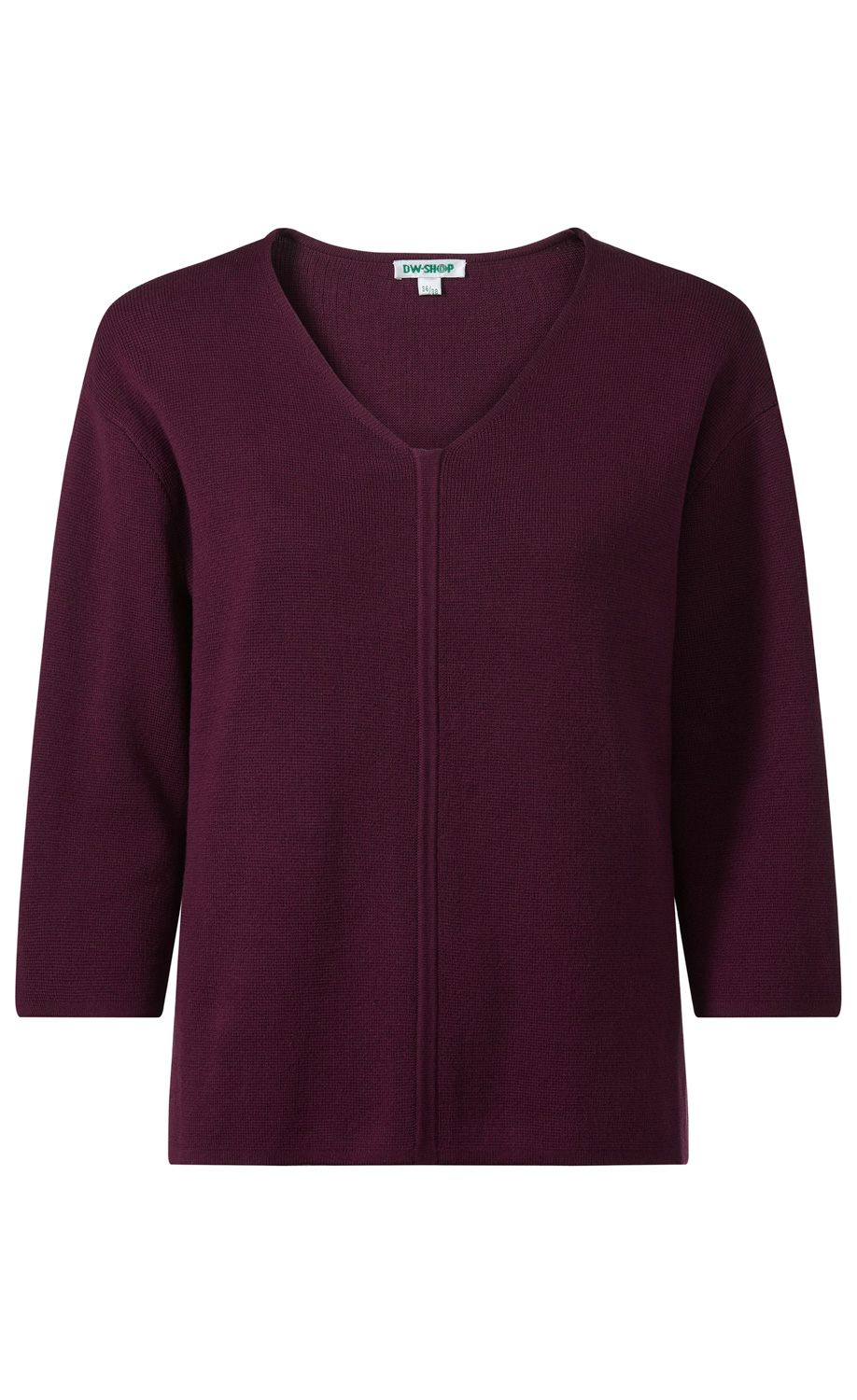 Baumwoll-Pullover in Dunkellila mit V-Ausschnitt, 3/4-Ärmeln und feiner, strukturierter Strickoptik, gerade geschnitten, ohne Muster oder Verzierungen, schlicht und zeitlos.
