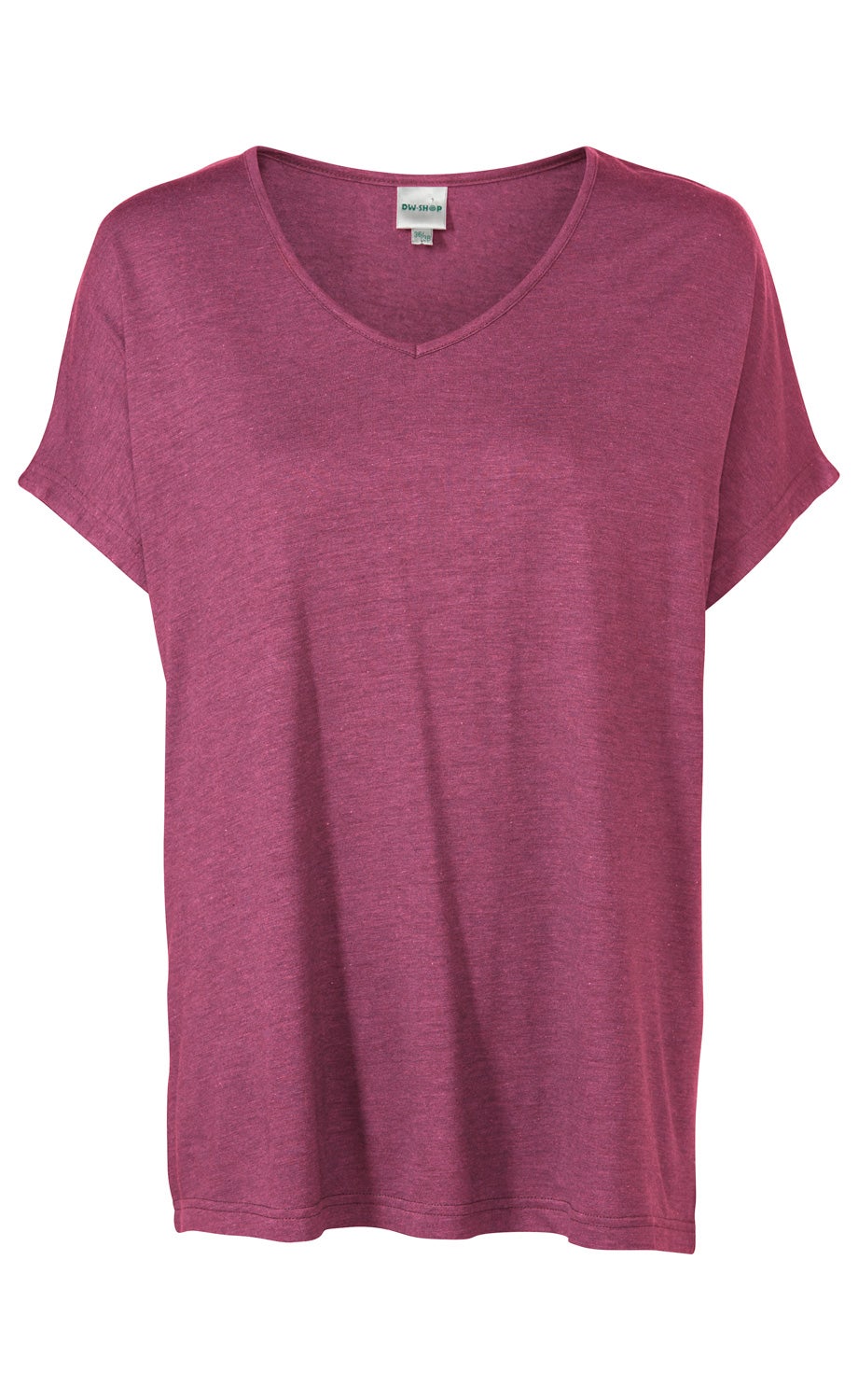 Damen T-Shirt l.skose in bordeauxrot, kurzärmlig, V-Ausschnitt, lockere Passform, aus weichem, leicht meliertem Stoff, ohne Muster oder Aufdruck, schlichtes Design