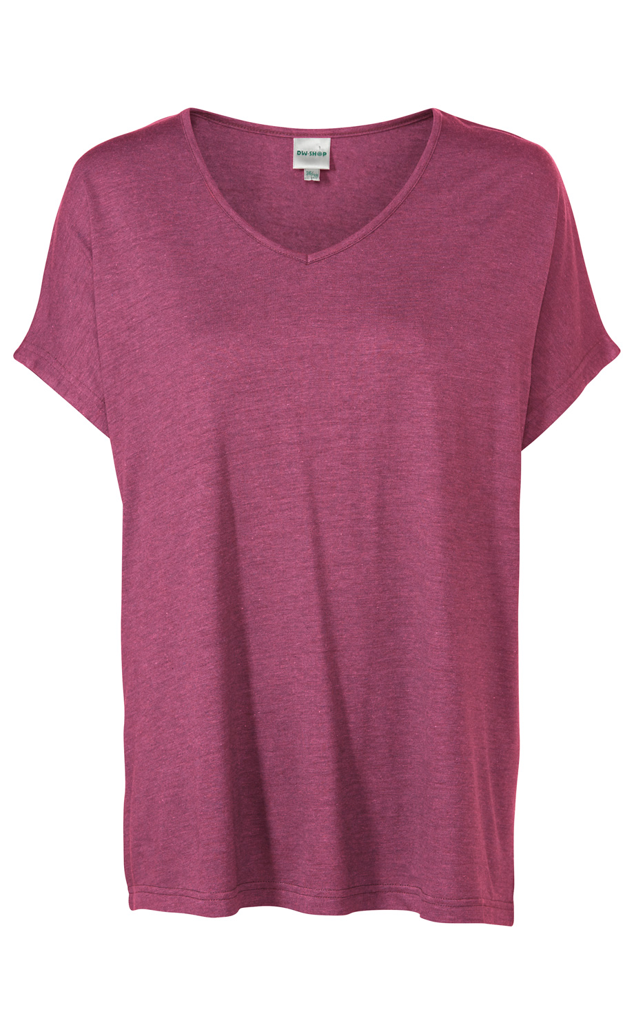 Damen T-Shirt l.skose in bordeauxrot, kurzärmlig, V-Ausschnitt, lockere Passform, aus weichem, leicht meliertem Stoff, ohne Muster oder Aufdruck, schlichtes Design