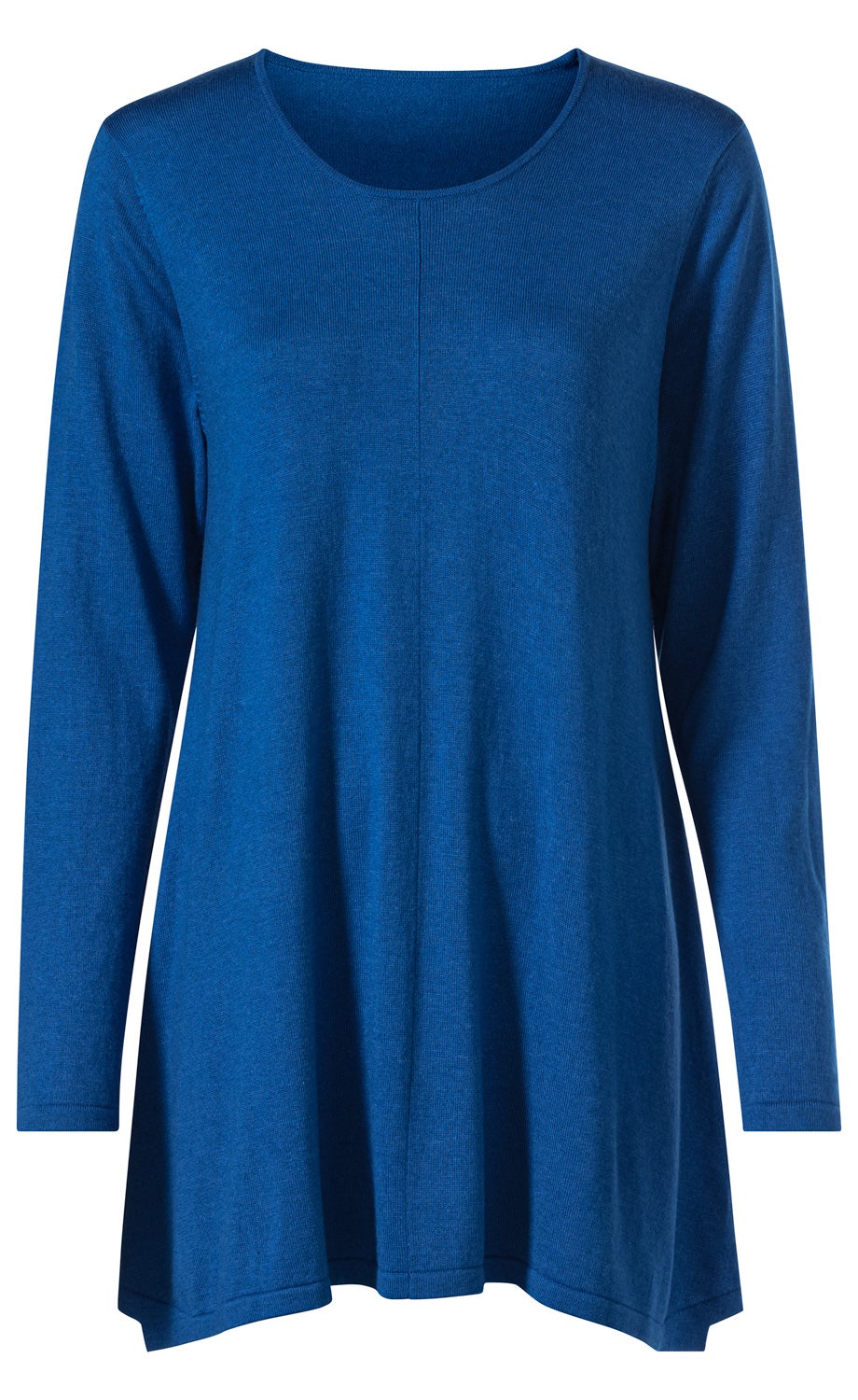 Blauer Viskose-Mix-Pullover mit langen Ärmeln, rundem Ausschnitt und leicht ausgestellter Passform, ohne Muster oder Verzierungen, schlicht und klassisch gestaltet