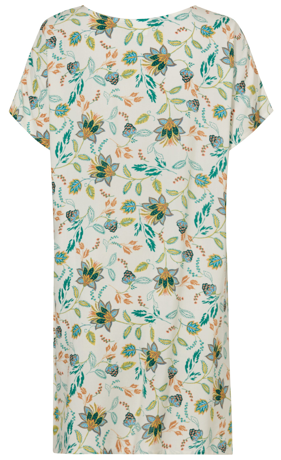 Viskose-Kaftan mit kurzem Arm, weißer Hintergrund, florales Muster in Blau, Grün, Senfgelb und Orange, locker geschnitten, knielang, leichte Stoffqualität