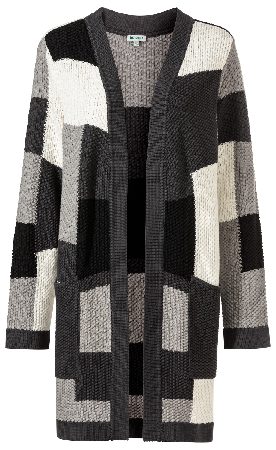 Baumwoll-Strickjacke mit offenem Schnitt, langem Arm und aufgesetzten Taschen, gemustert mit großen Farbflächen in Schwarz, Weiß und Grautönen, strukturierter Strickoptik, lässig und modern gestaltet