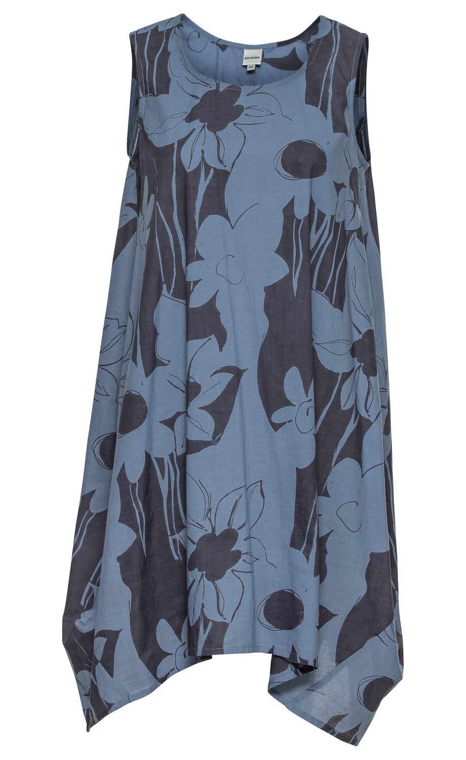 Ärmelloses Baumwoll-Kleid in Blaugrau mit dunkelblauem großflächigem Blumenmuster, lockerer Schnitt mit asymmetrischem Saum, Rundhalsausschnitt, Größe 38