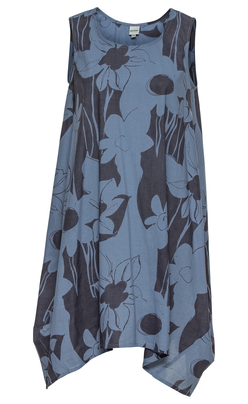 Ärmelloses Baumwoll-Kleid in Blaugrau mit dunkelblauem großflächigem Blumenmuster, lockerer Schnitt mit asymmetrischem Saum, Rundhalsausschnitt, Größe 38