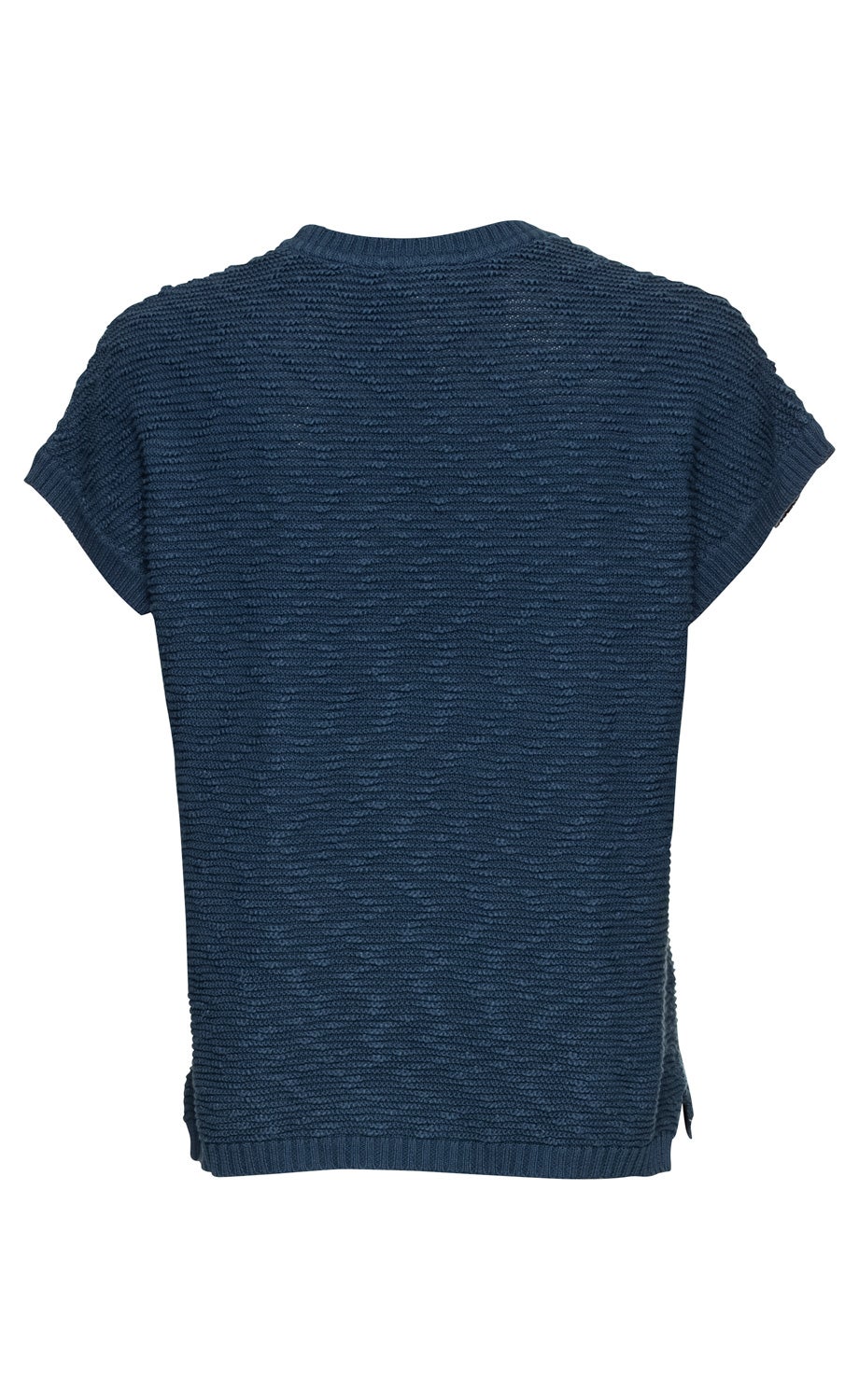 dunkelblauer Baumwoll-Pullunder mit kurzer Armform, geripptem Saum und strukturierter Strickoptik, Rückansicht, ohne Muster oder Logo, gerader Schnitt