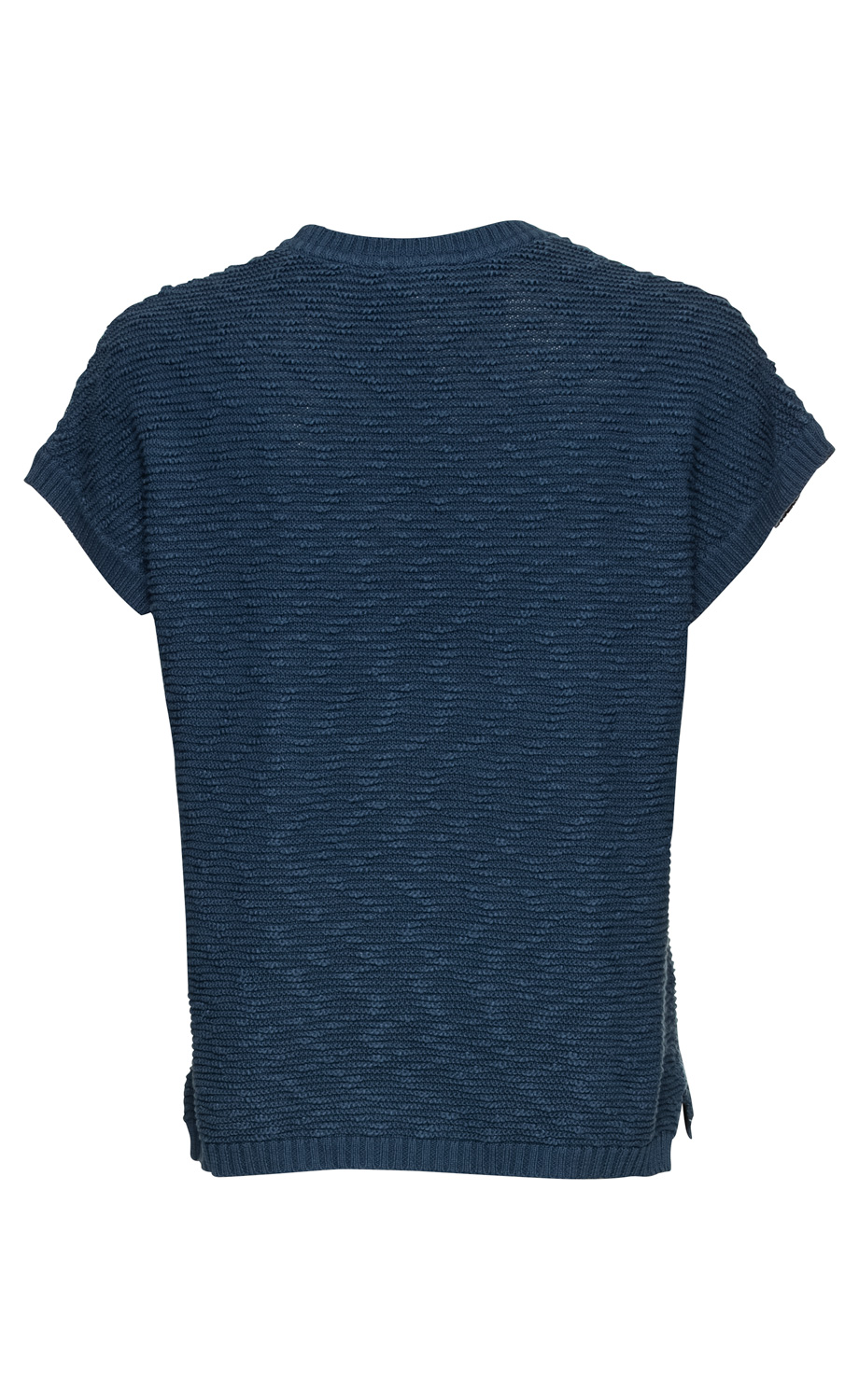 dunkelblauer Baumwoll-Pullunder mit kurzer Armform, geripptem Saum und strukturierter Strickoptik, Rückansicht, ohne Muster oder Logo, gerader Schnitt
