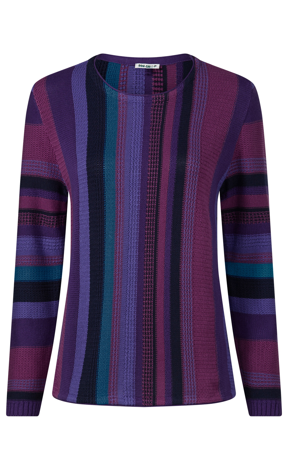 Damenpullover mit Rundhalsausschnitt, langärmlig, in gestricktem Design mit senkrechten Streifen in Lila-, Blau-, Schwarz- und Violetttönen