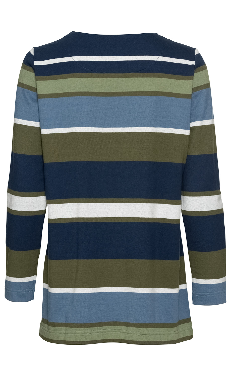 Baumwoll-Shirt, Rückansicht, langärmlig, gestreift in Dunkelblau, Hellblau, Olive, Weiß, Rundhalsausschnitt, gerade Passform, angenehmes Material, ideale Casual-Kleidung