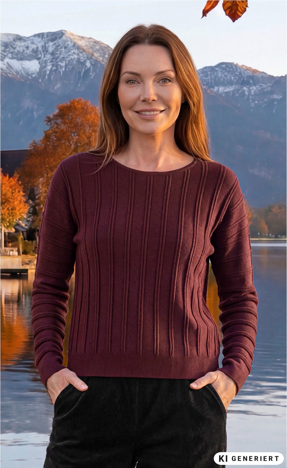 Frau trägt bordeauxfarbenen Baumwoll-Mix-Pullover mit vertikalen Rippen, steht vor herbstlicher Landschaft mit See, bunten Bäumen und schneebedeckten Bergen, Hände in den Taschen schwarzer Hose