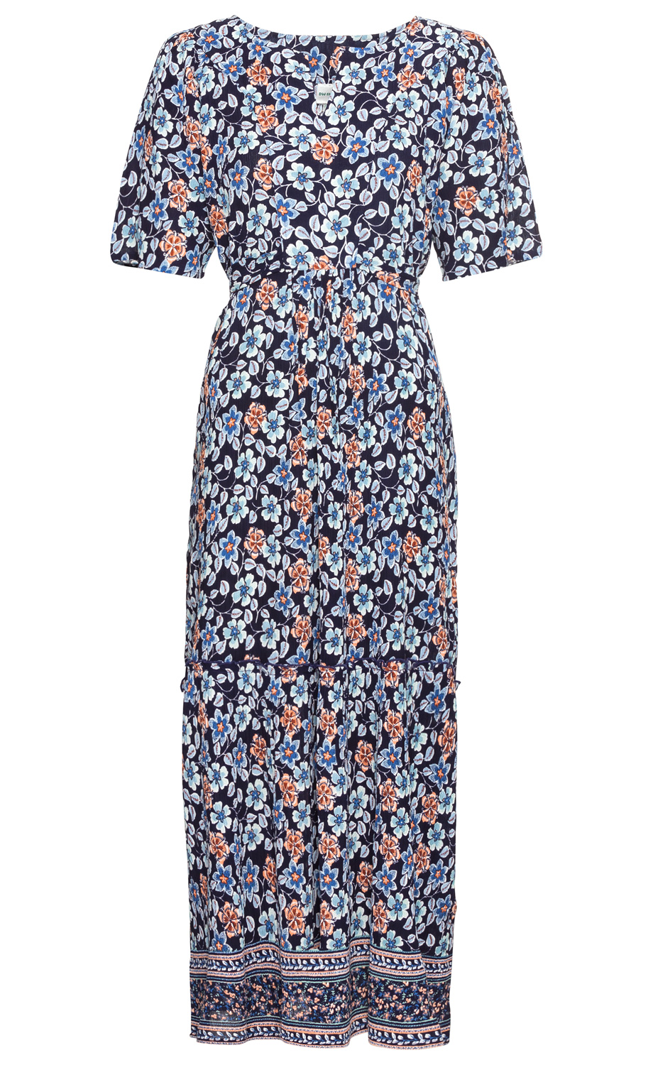 Langärmeliges Viskose-Kleid mit blauem Grundton, floralem Muster in Blau, Orange und Weiß, hoher Taille und Stufenrock, knielang, lockere Passform, Rundhalsausschnitt, elastischer Bund, angenehmes leichtes Material.