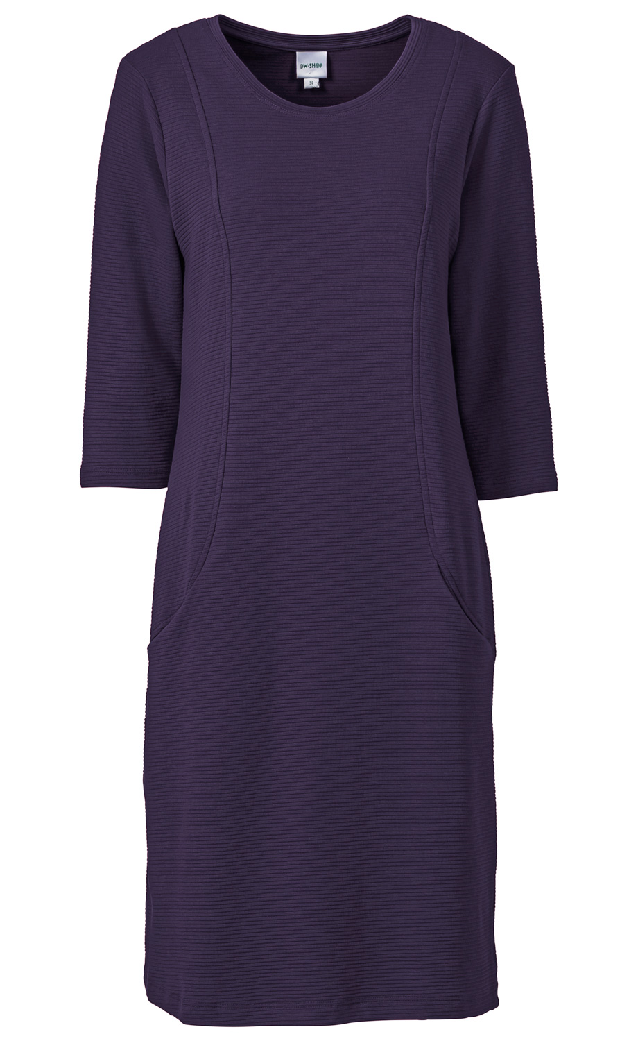 Dunkellila Baumwoll-Kleid mit 3/4-Ärmeln, rundem Ausschnitt, feinen Querstreifen, taillierten Nähten und seitlichen Eingrifftaschen, knielang, schlichtes elegantes Design
