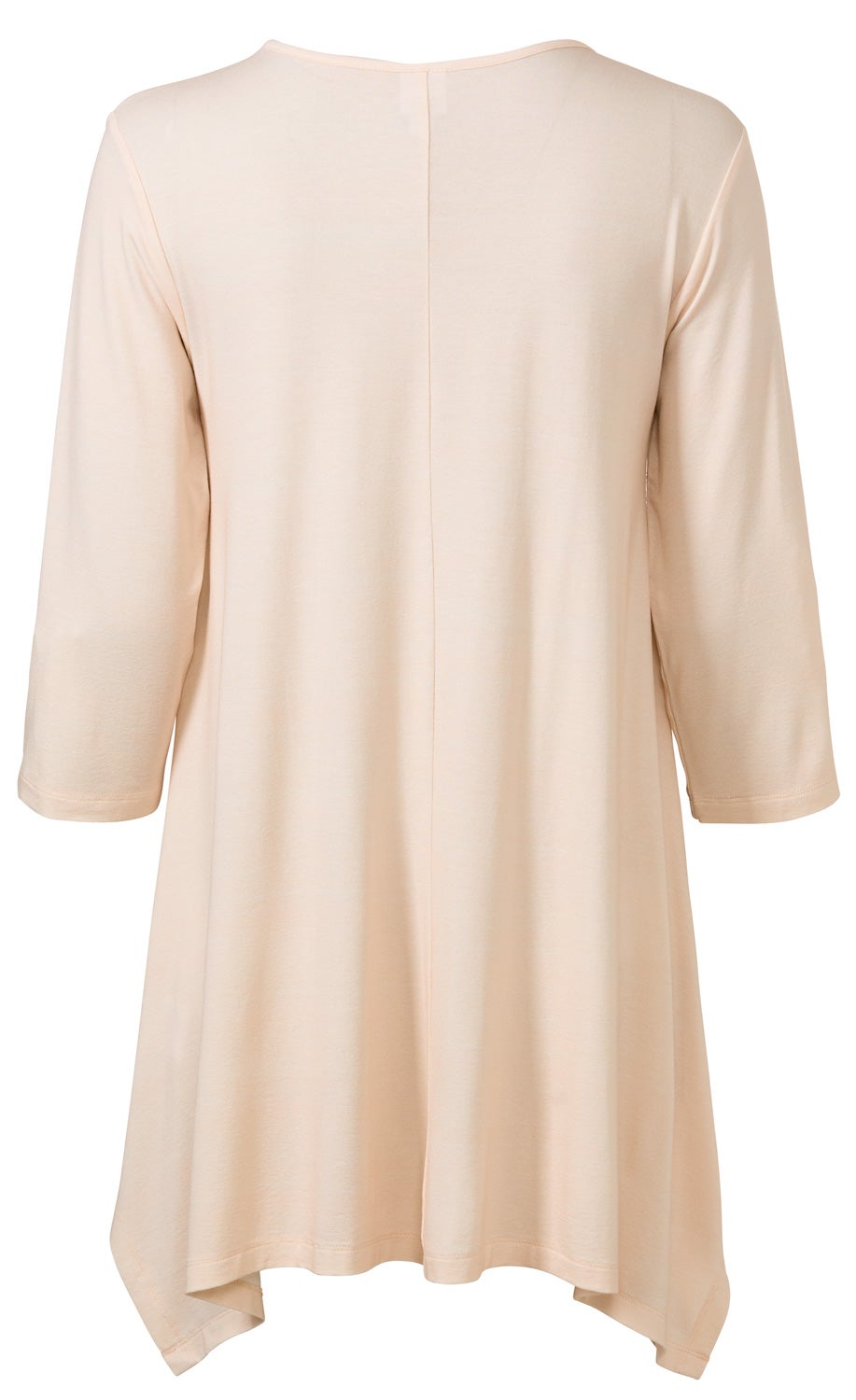 Beige Viskose-Mix-Shirt mit 3/4-Ärmeln, lockerem Schnitt und seitlich verlängertem Saum, Rückansicht