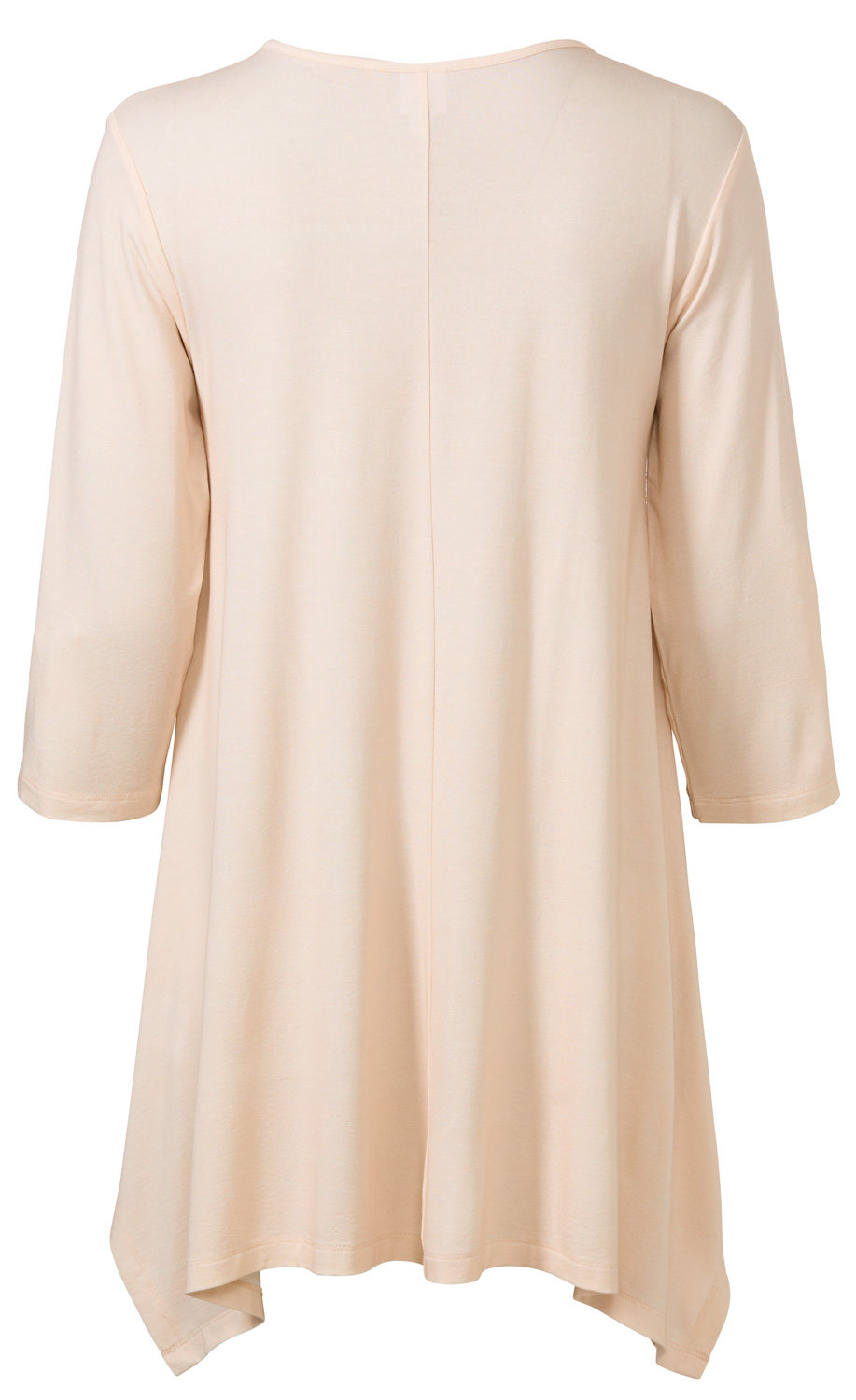 Beige Viskose-Mix-Shirt mit 3/4-Ärmeln, lockerem Schnitt und seitlich verlängertem Saum, Rückansicht