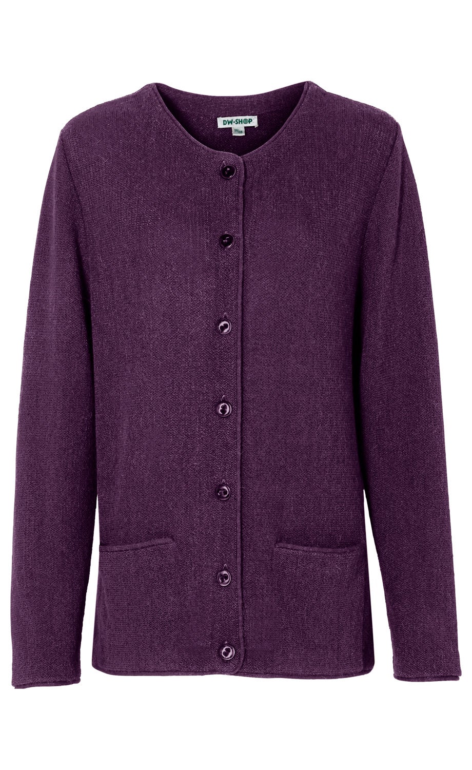 Dunkelviolette Alpaka-Strickjacke mit Rundhalsausschnitt, durchgehender Knopfleiste und zwei aufgesetzten Taschen, Langarm, weiche, fein strukturierte Oberfläche