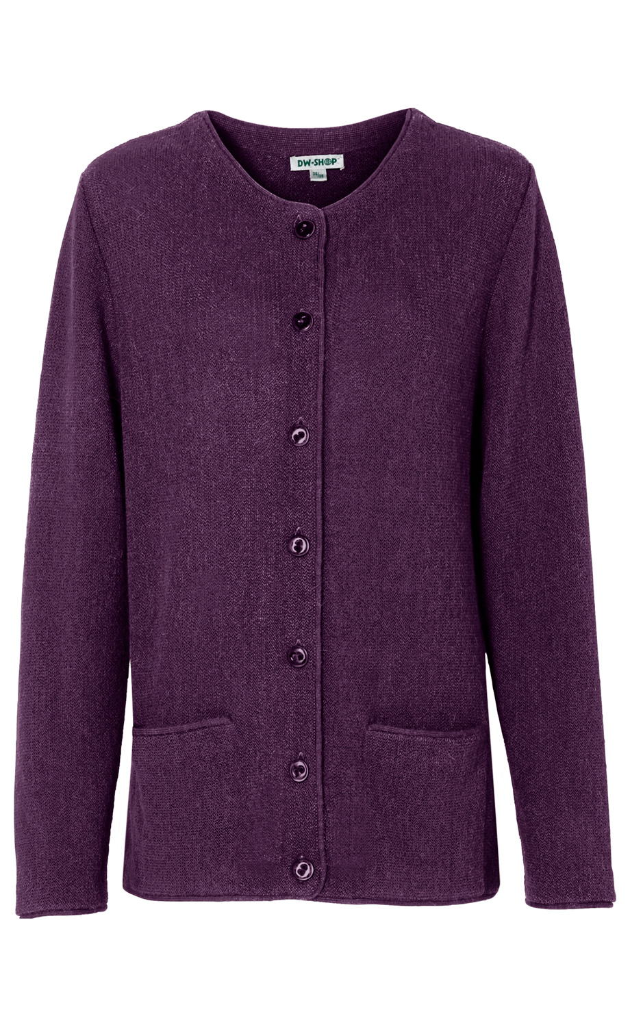 Dunkelviolette Alpaka-Strickjacke mit Rundhalsausschnitt, durchgehender Knopfleiste und zwei aufgesetzten Taschen, Langarm, weiche, fein strukturierte Oberfläche