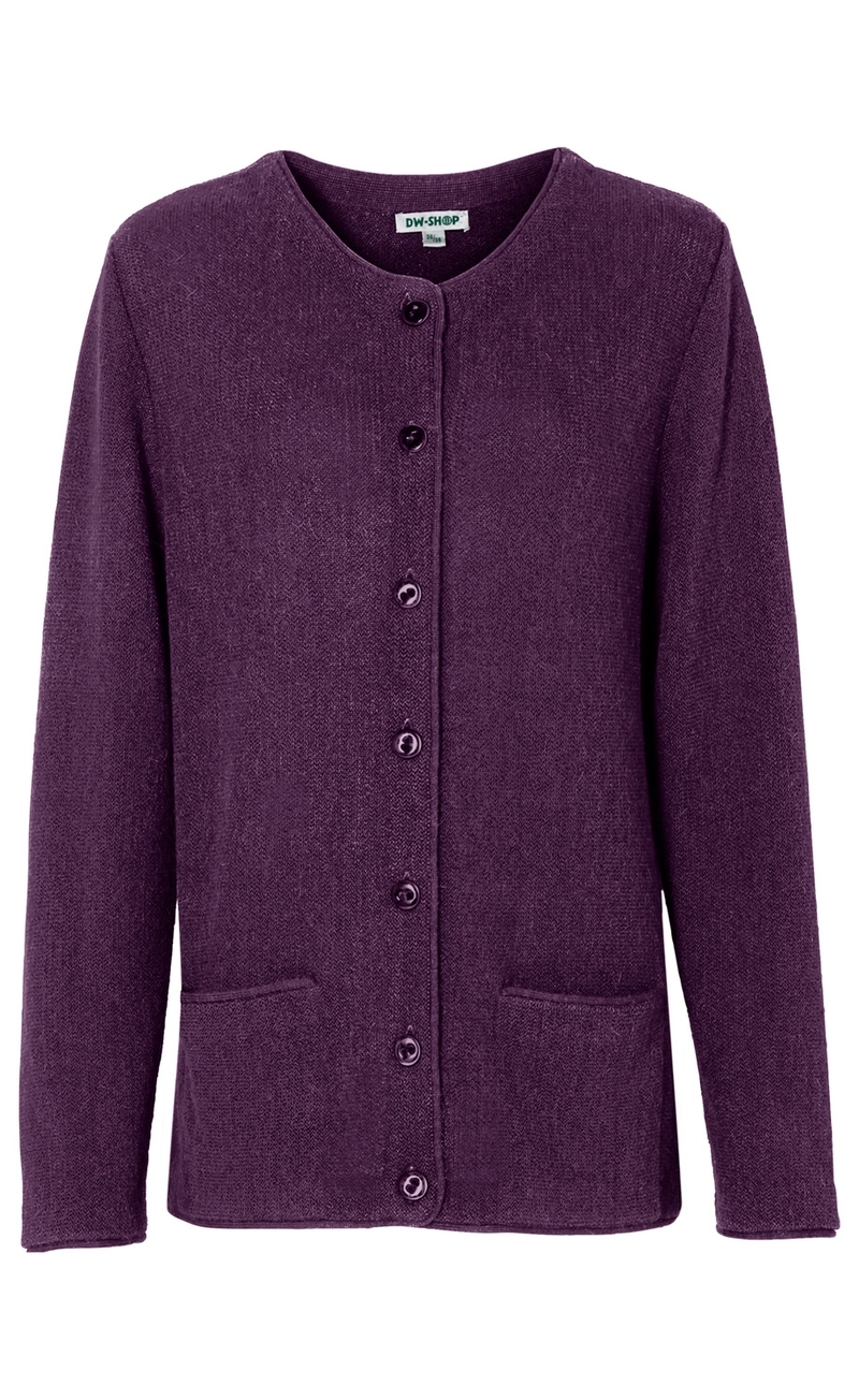 Dunkelviolette Alpaka-Strickjacke mit Rundhalsausschnitt, durchgehender Knopfleiste und zwei aufgesetzten Taschen, Langarm, weiche, fein strukturierte Oberfläche