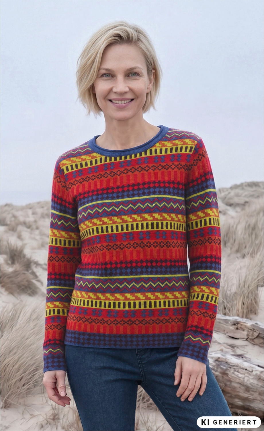 Frau mit kurzem blondem Haar trägt bunten Baumwoll-Mix-Pullover mit gestreiften, geometrischen Mustern in Rot, Gelb, Blau und Schwarz, steht vor Sanddünen und trockenen Gräsern, lächelt freundlich