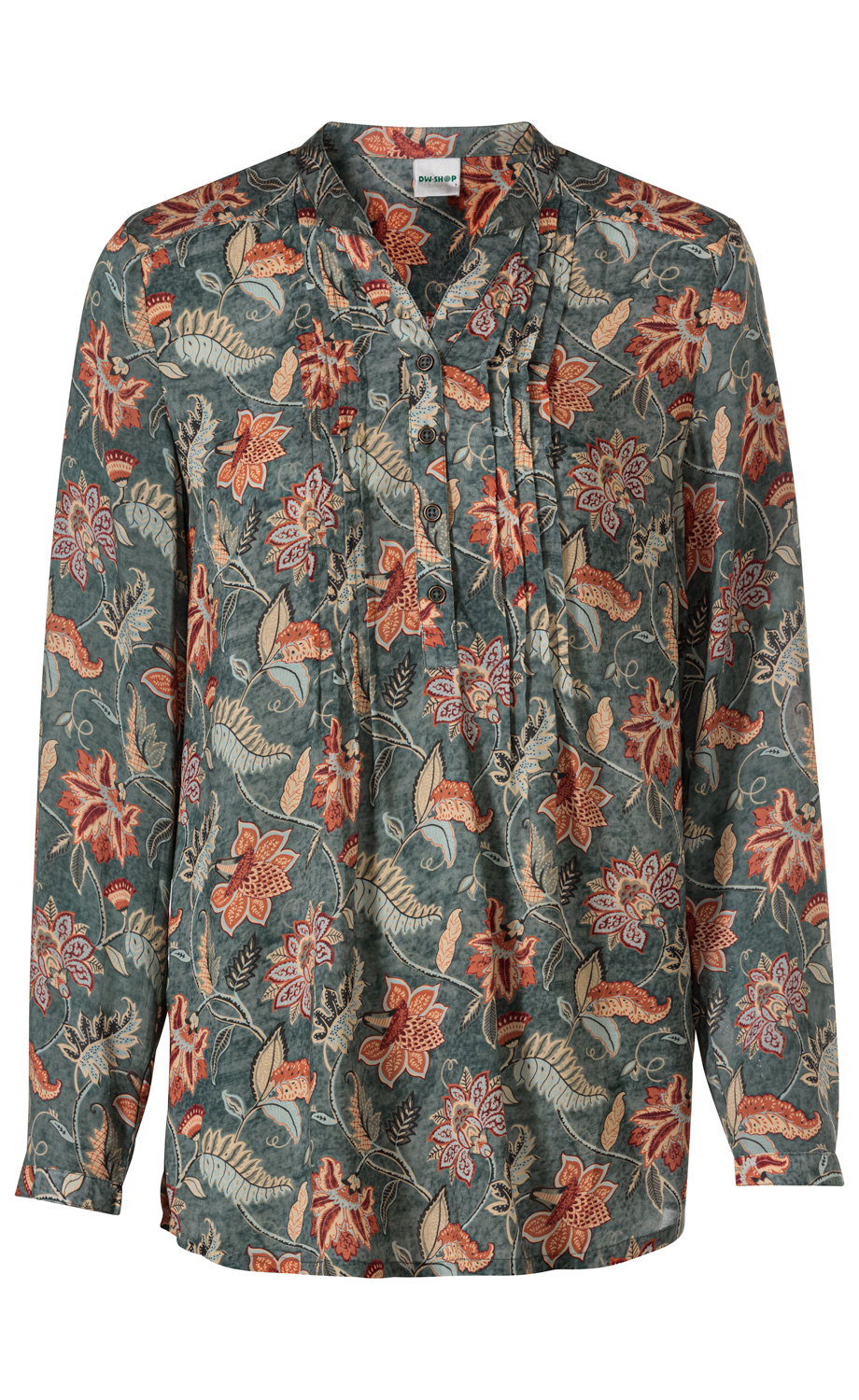 Modal-Bluse mit langem Arm, in blau-grau mit floralem Muster in rot, beige und hellblau, V-Ausschnitt mit kleiner Knopfleiste und Raffungen entlang der Knopfleiste, leichter, fließender Stoff