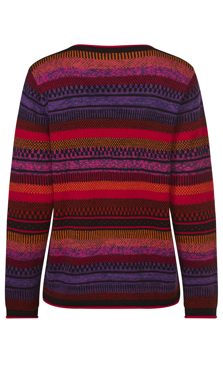 Alpaka-Pullover in auffälligem mehrfarbigem Muster mit horizontalen Streifen in Rot, Lila, Orange und Schwarz, Rückansicht, lange Ärmel, Rundhalsausschnitt, feine Strickstruktur